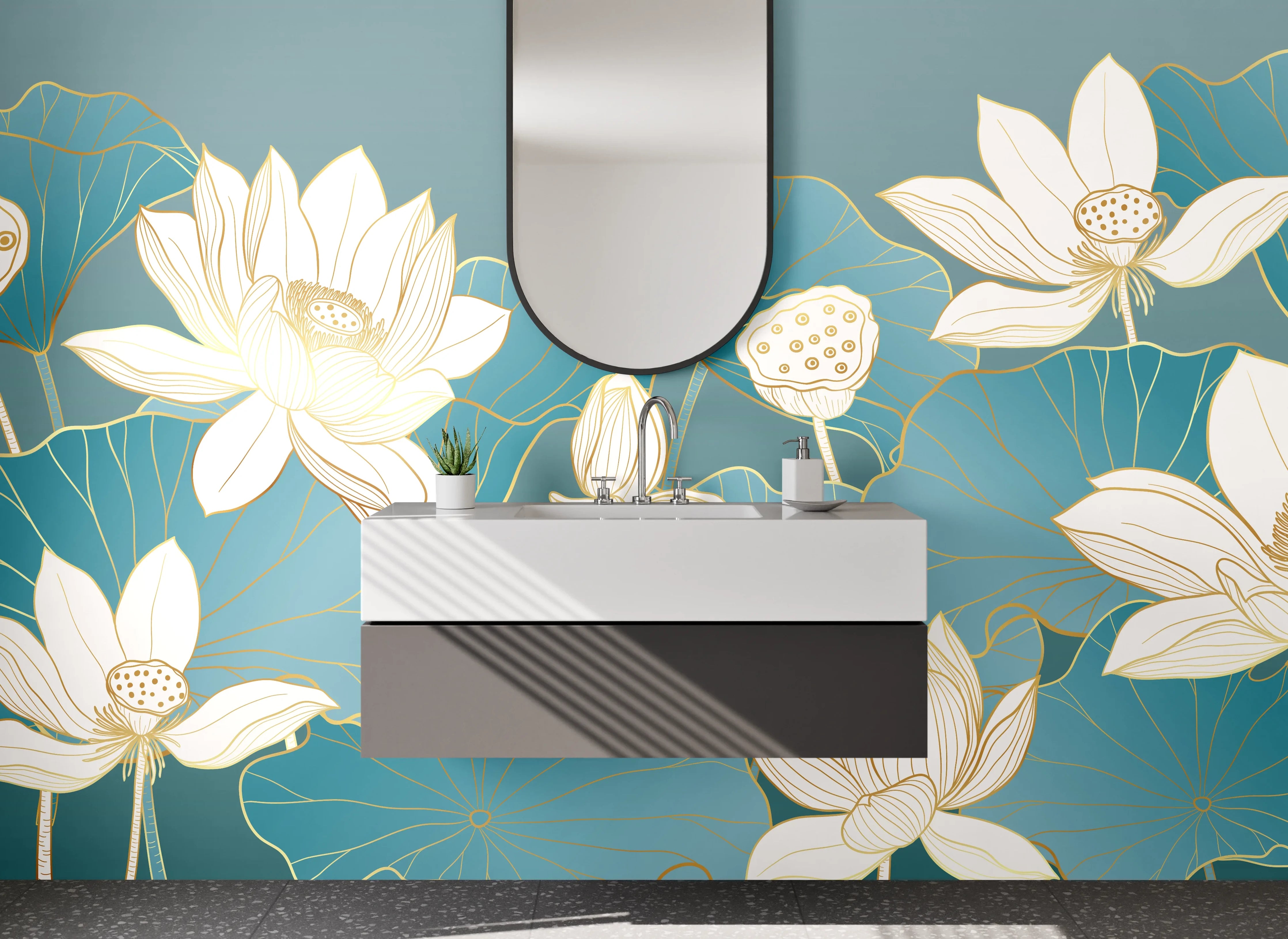 Waschbecken-Rückwand - Lotusblüten auf Türkis – Aquarell-Optik