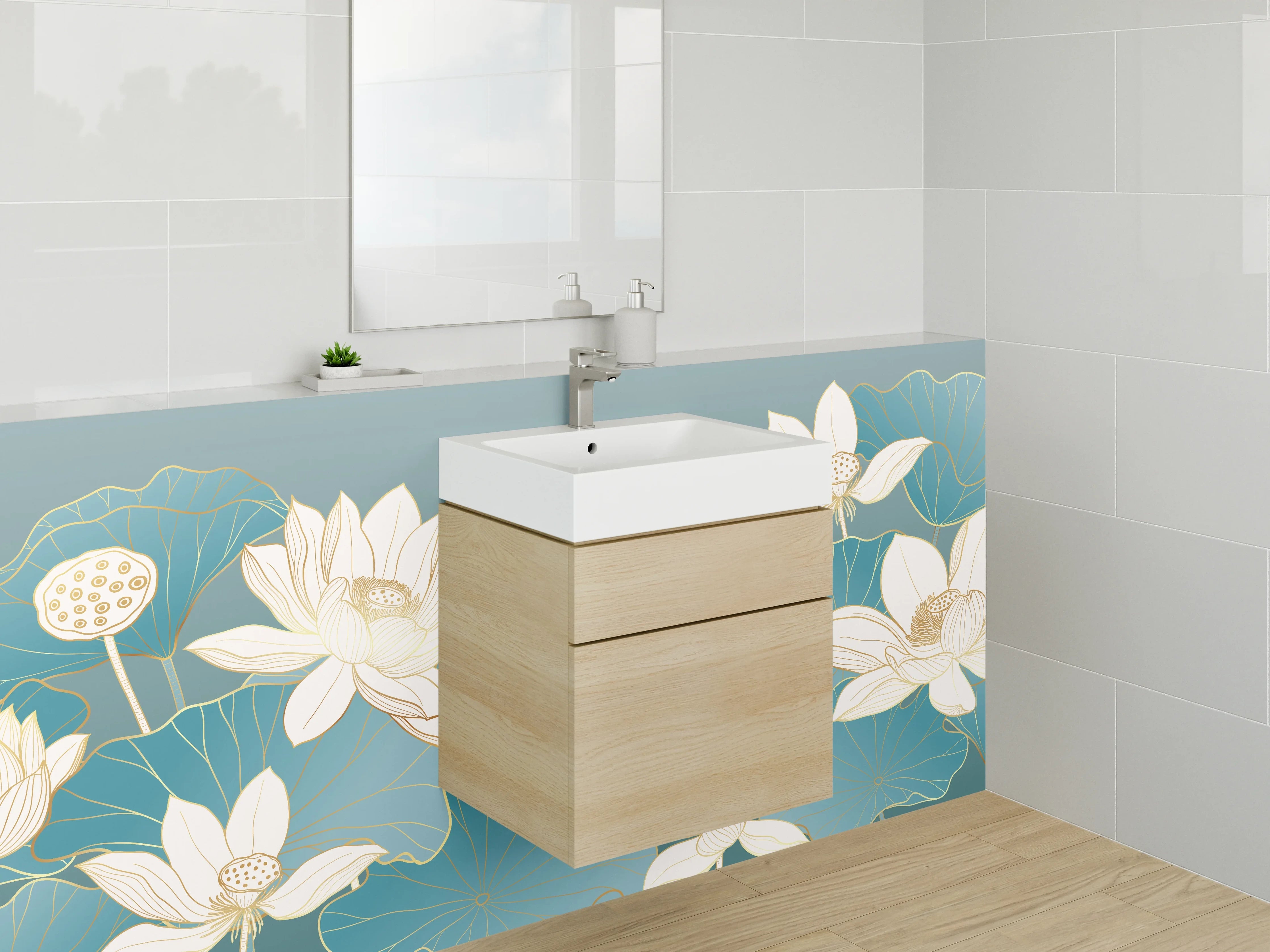 Waschbecken-Rückwand - Lotusblüten auf Türkis – Aquarell-Optik