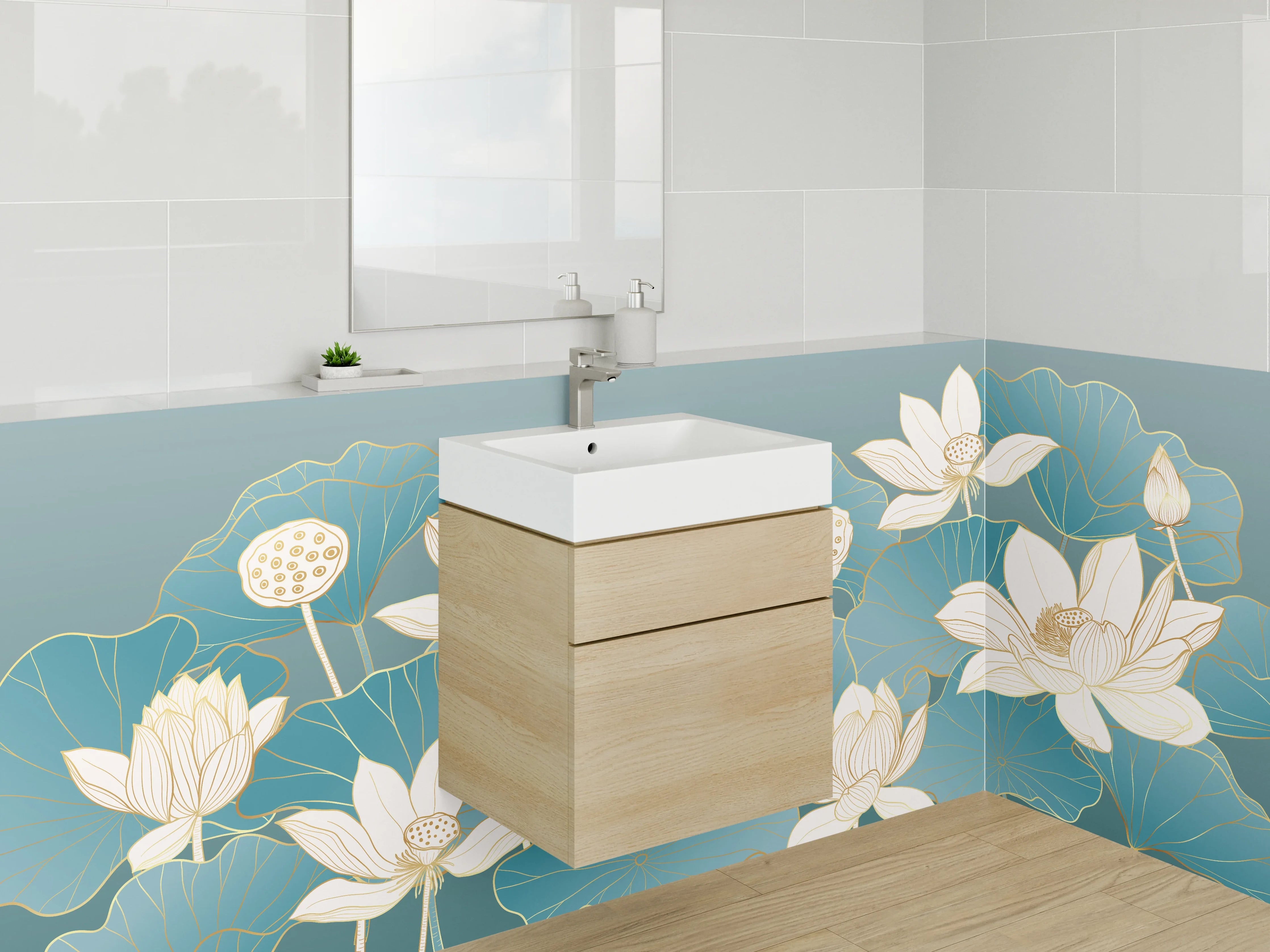 Waschbecken-Rückwand - Lotusblüten auf Türkis – Aquarell-Optik