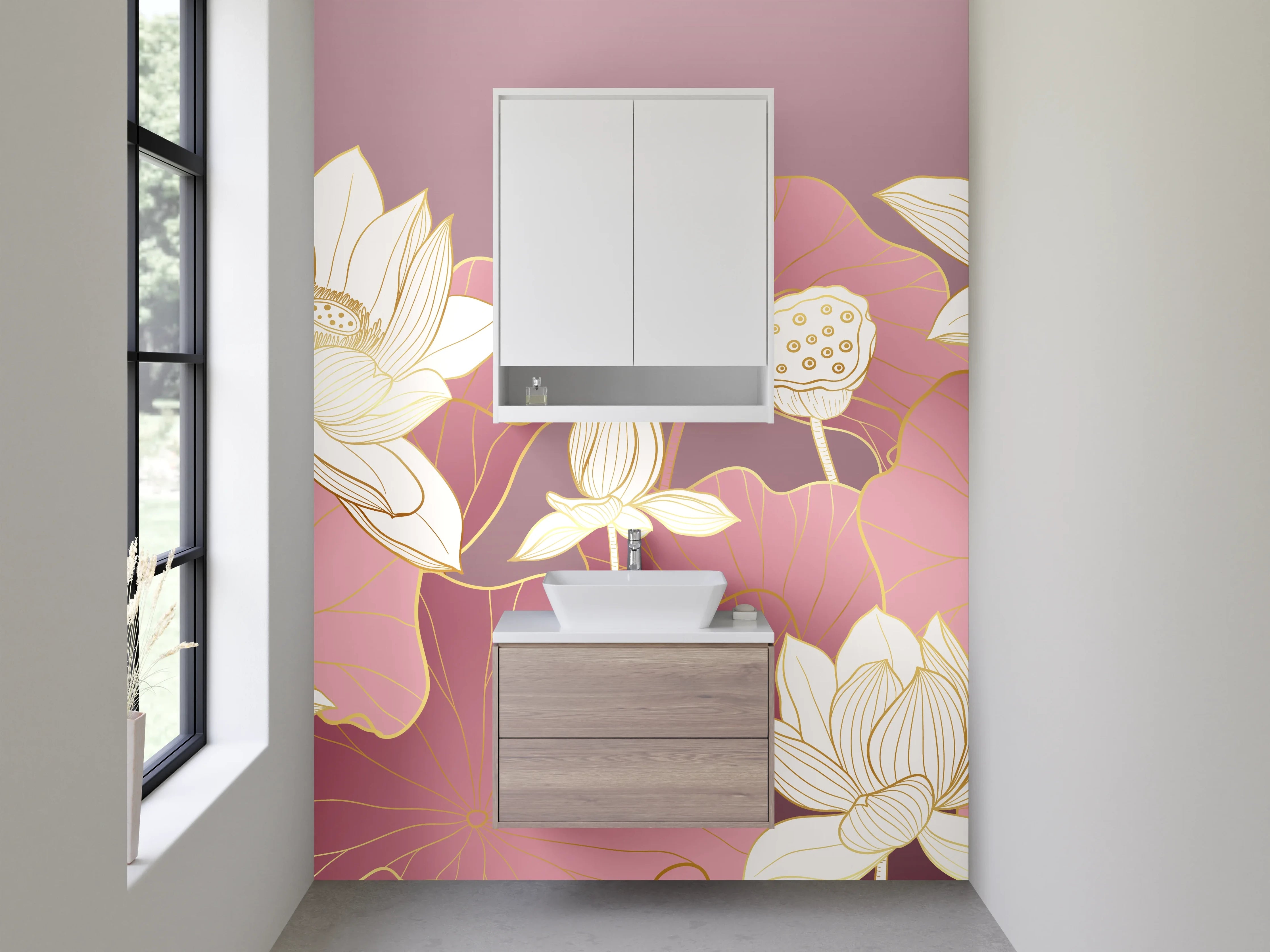 Waschbecken-Rückwand - Lotusblüten in zartem Rosa-Gold