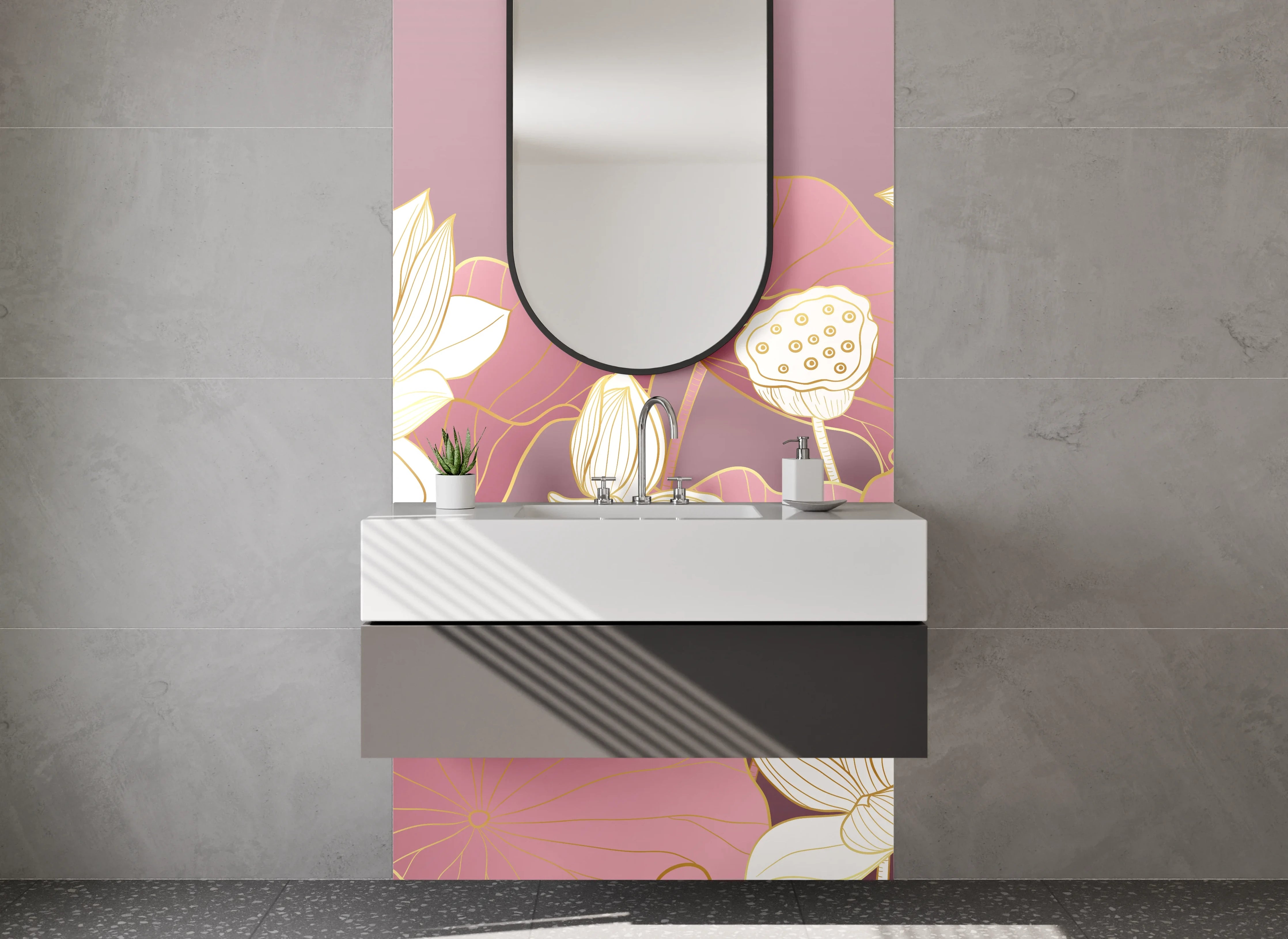 Waschbecken-Rückwand - Lotusblüten in zartem Rosa-Gold