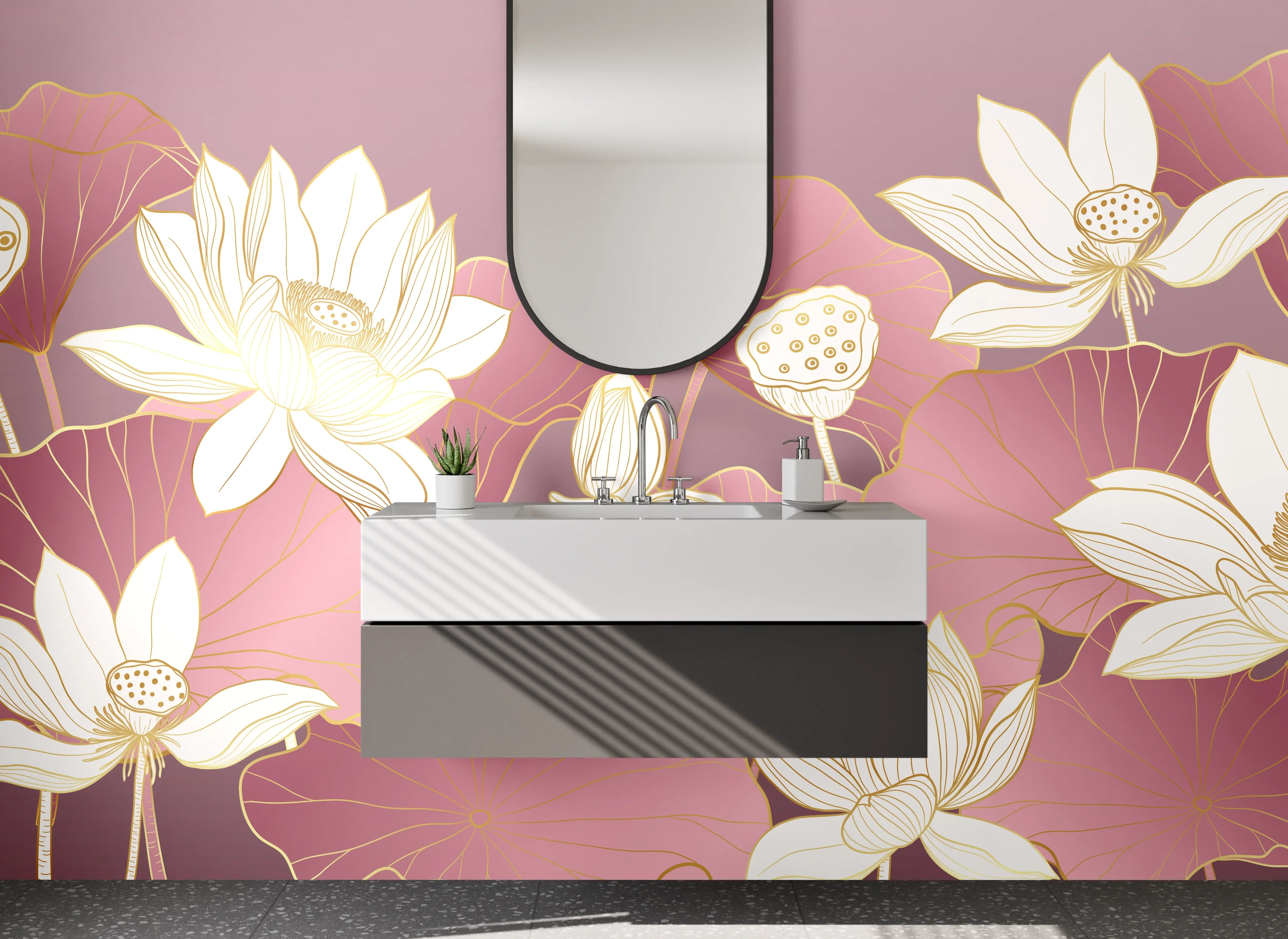 Waschbecken-Rückwand - Lotusblüten in zartem Rosa-Gold