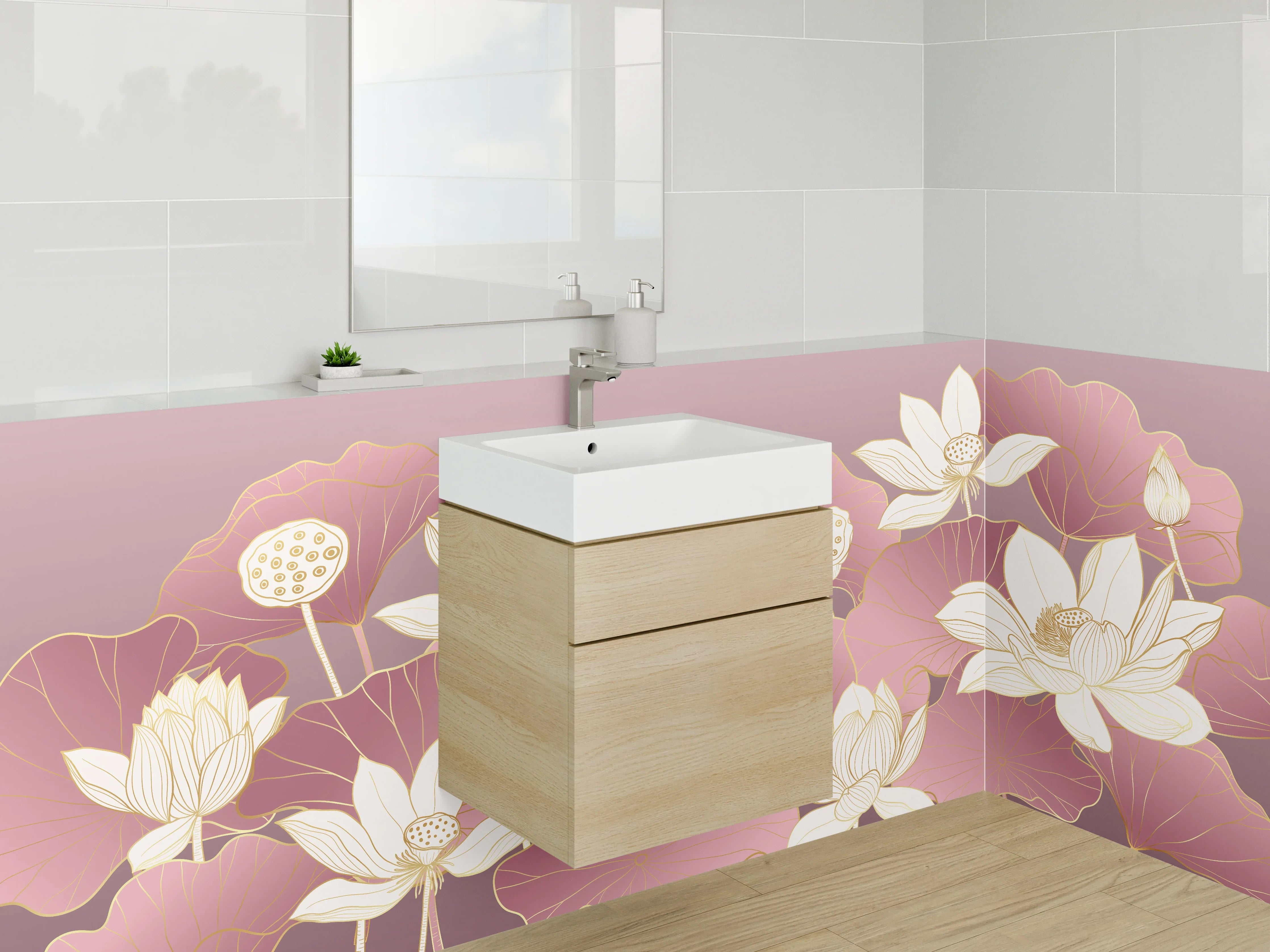 Waschbecken-Rückwand - Lotusblüten in zartem Rosa-Gold