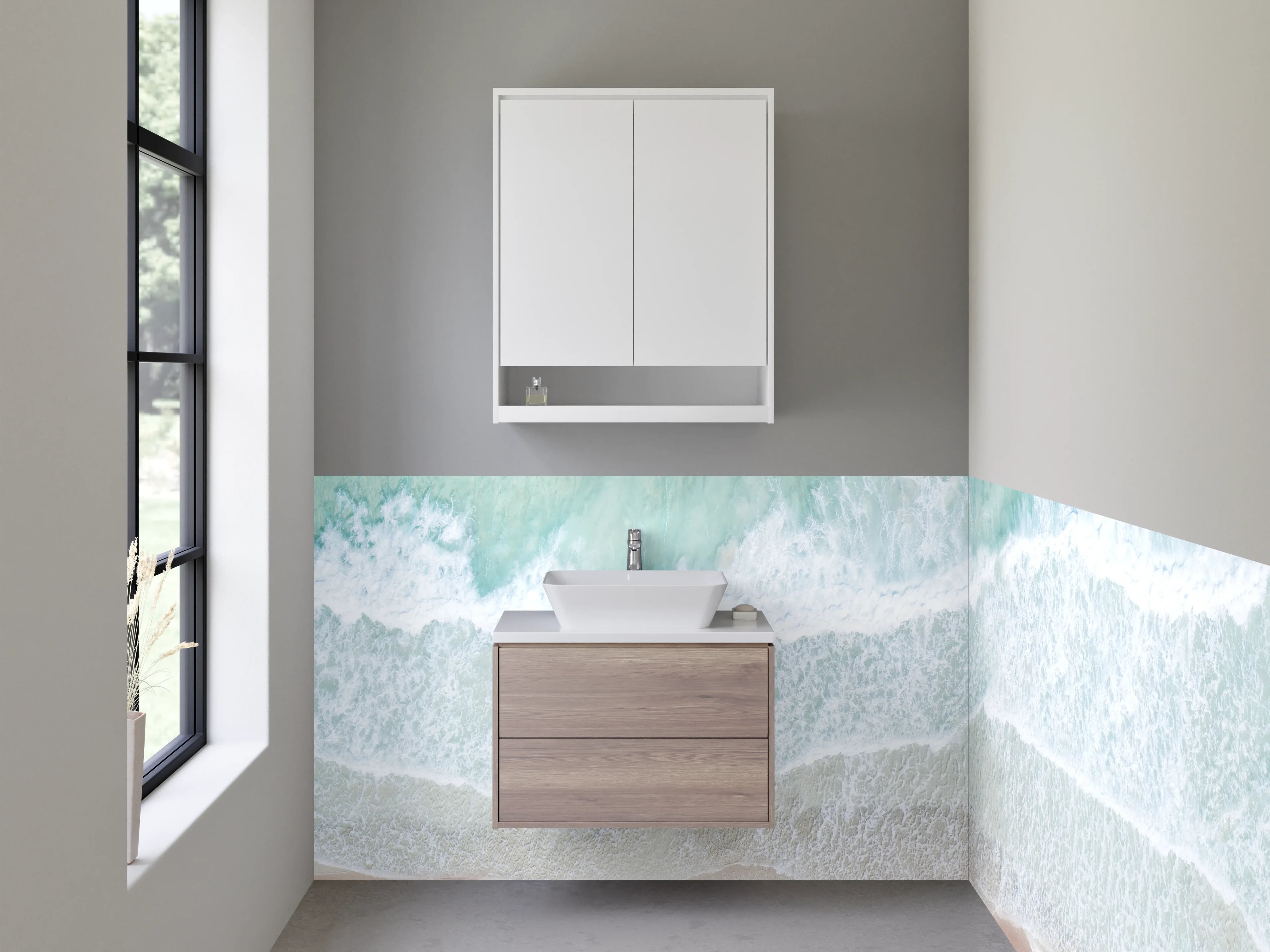 Waschbecken-Rückwand - Luftaufnahme Küste: Türkis, Weiß, Beige