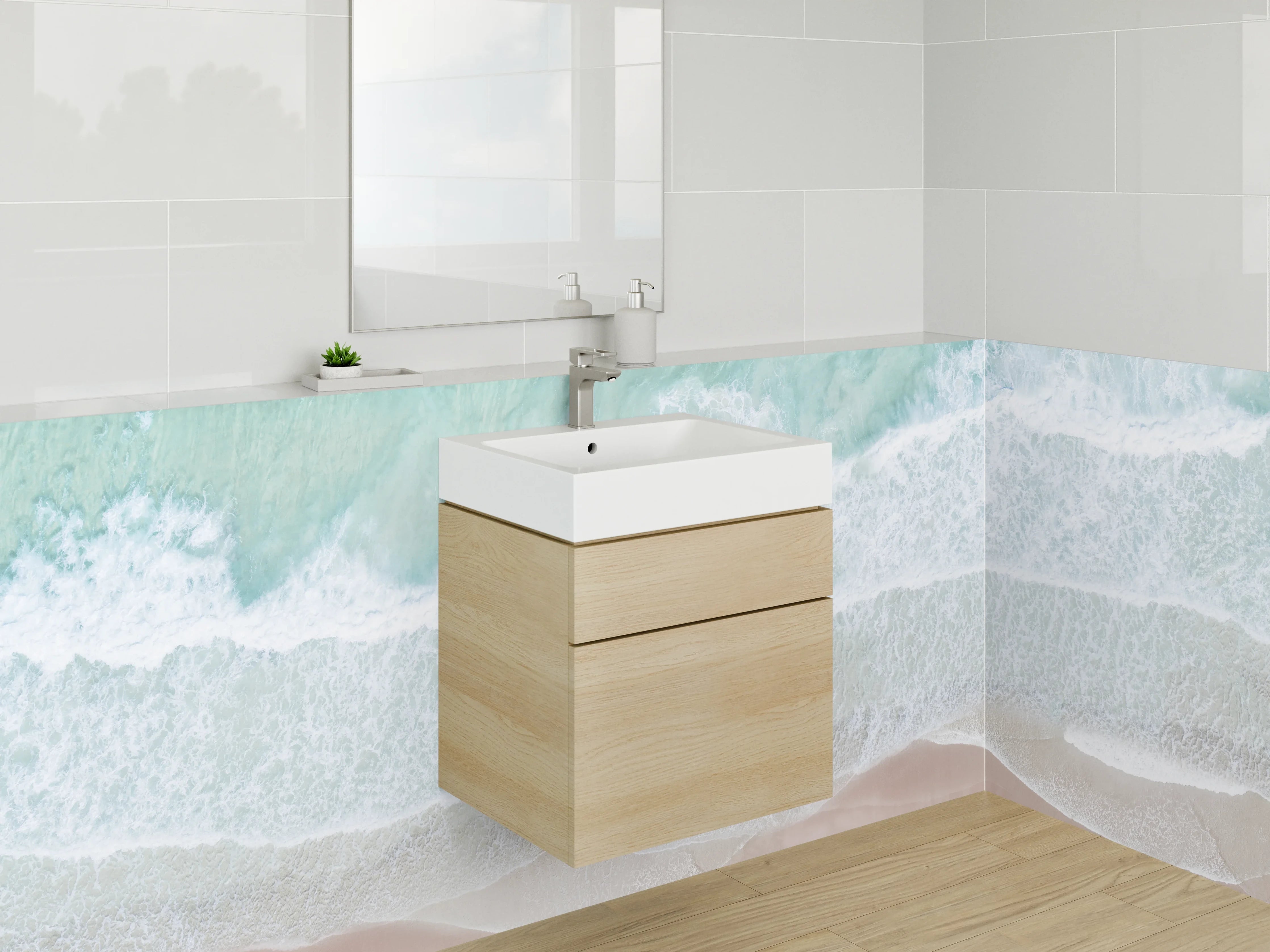 Waschbecken-Rückwand - Luftaufnahme Küste: Türkis, Weiß, Beige