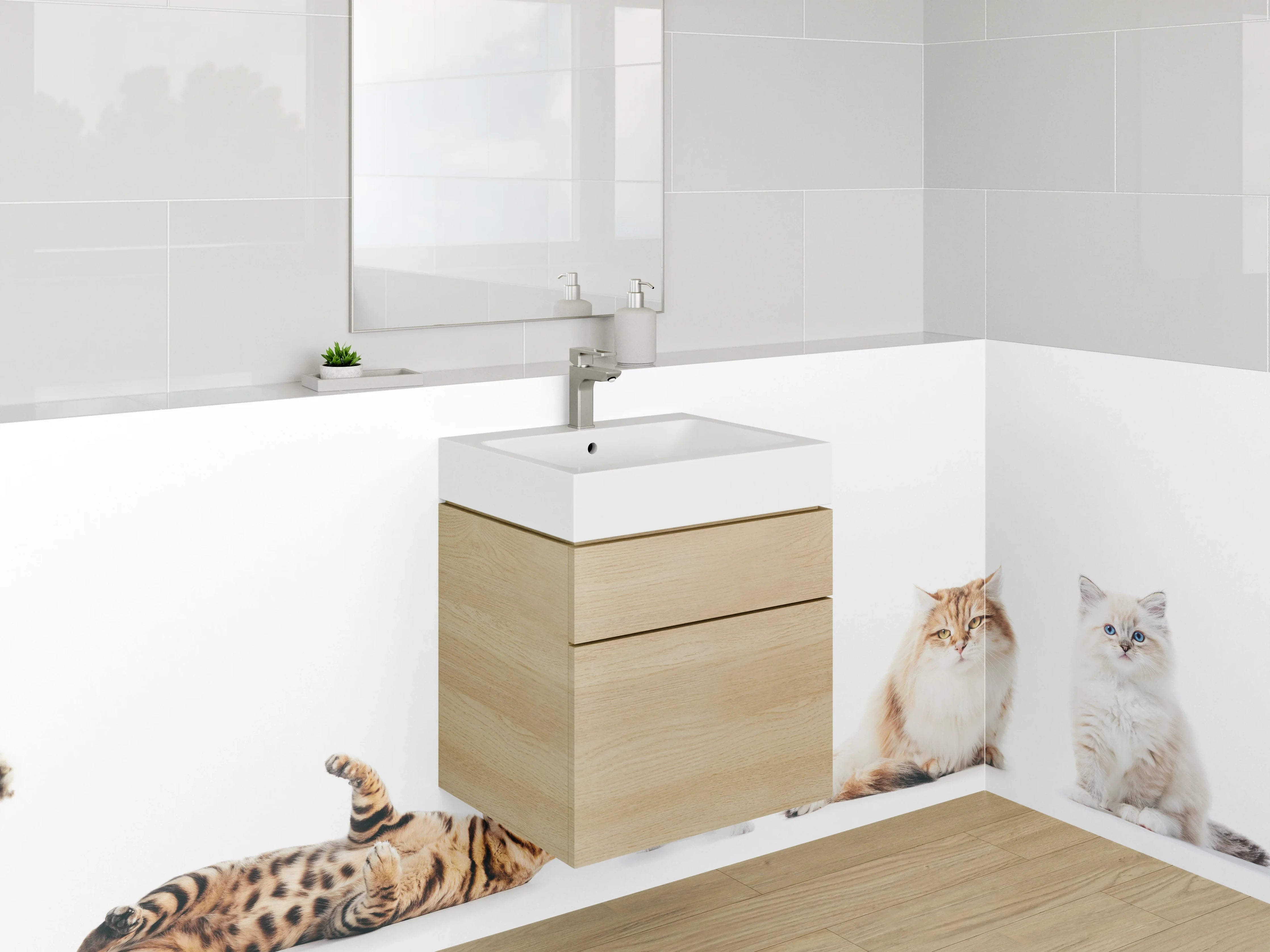 Waschbecken-Rückwand - Lustige Katzen auf Weiß