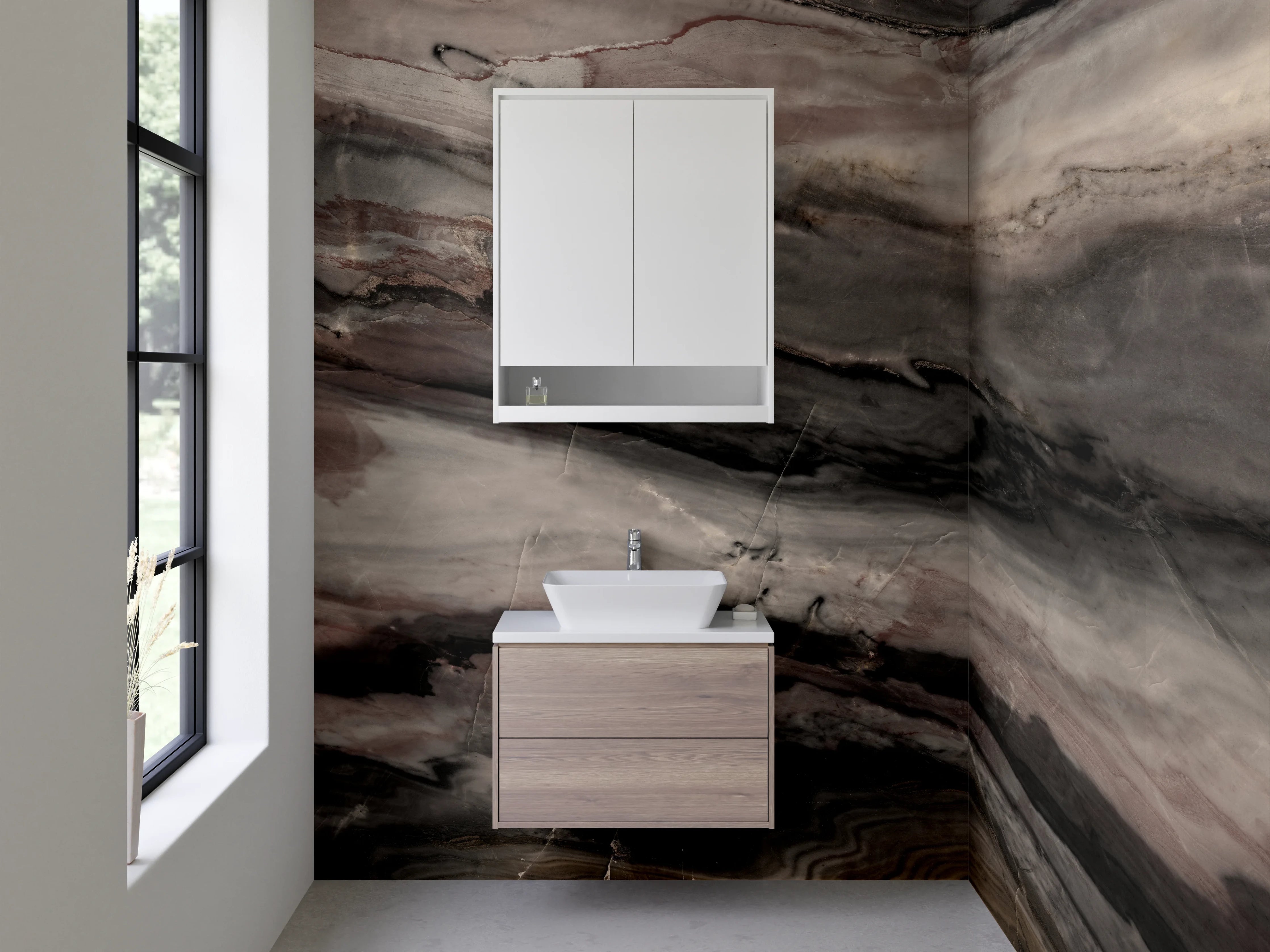 Waschbecken-Rückwand - Luxuriöse Marmoroptik in Braun und Grau