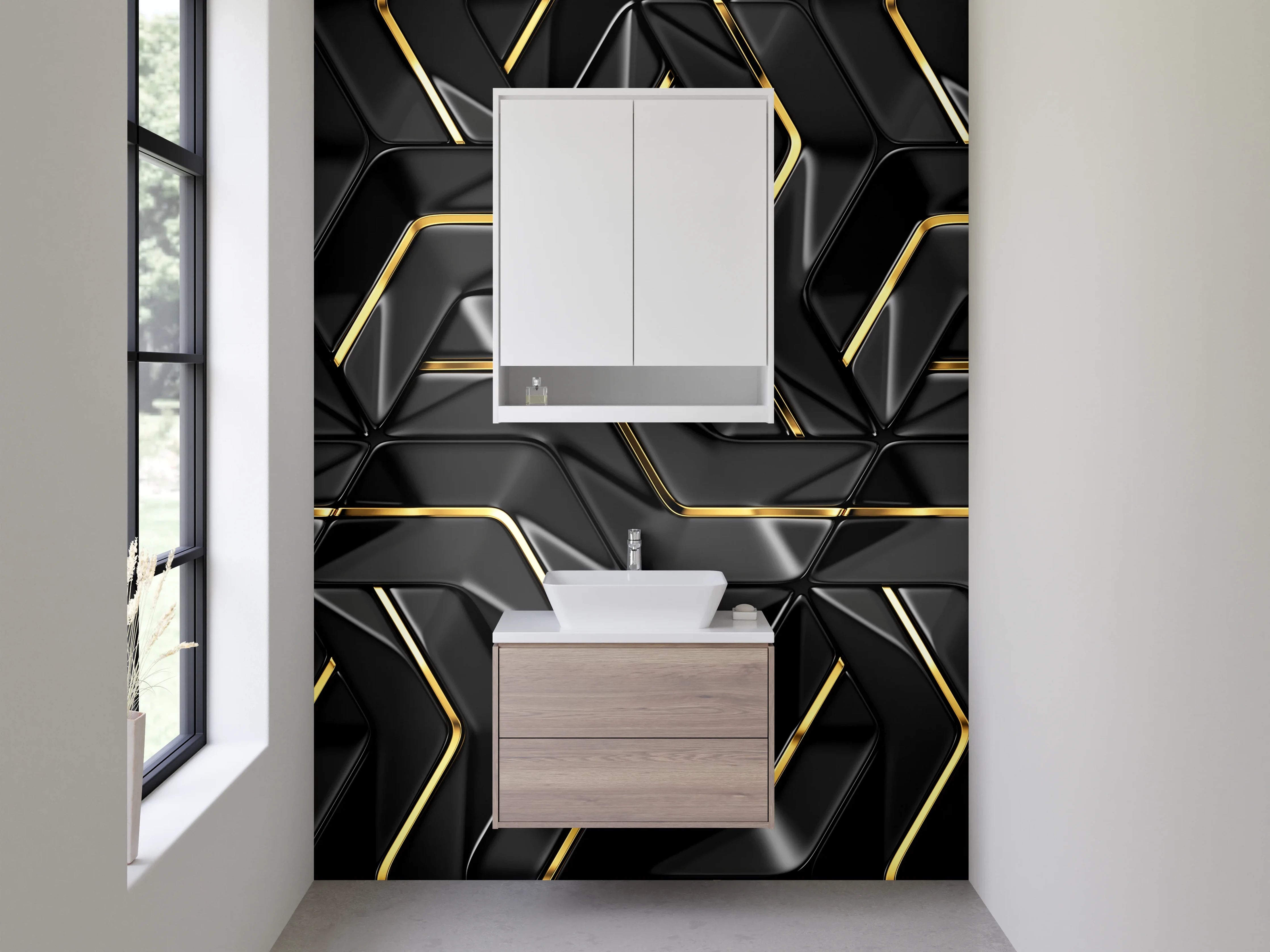 Waschbecken-Rückwand - Luxuriöses 3D-Design Schwarz Gold