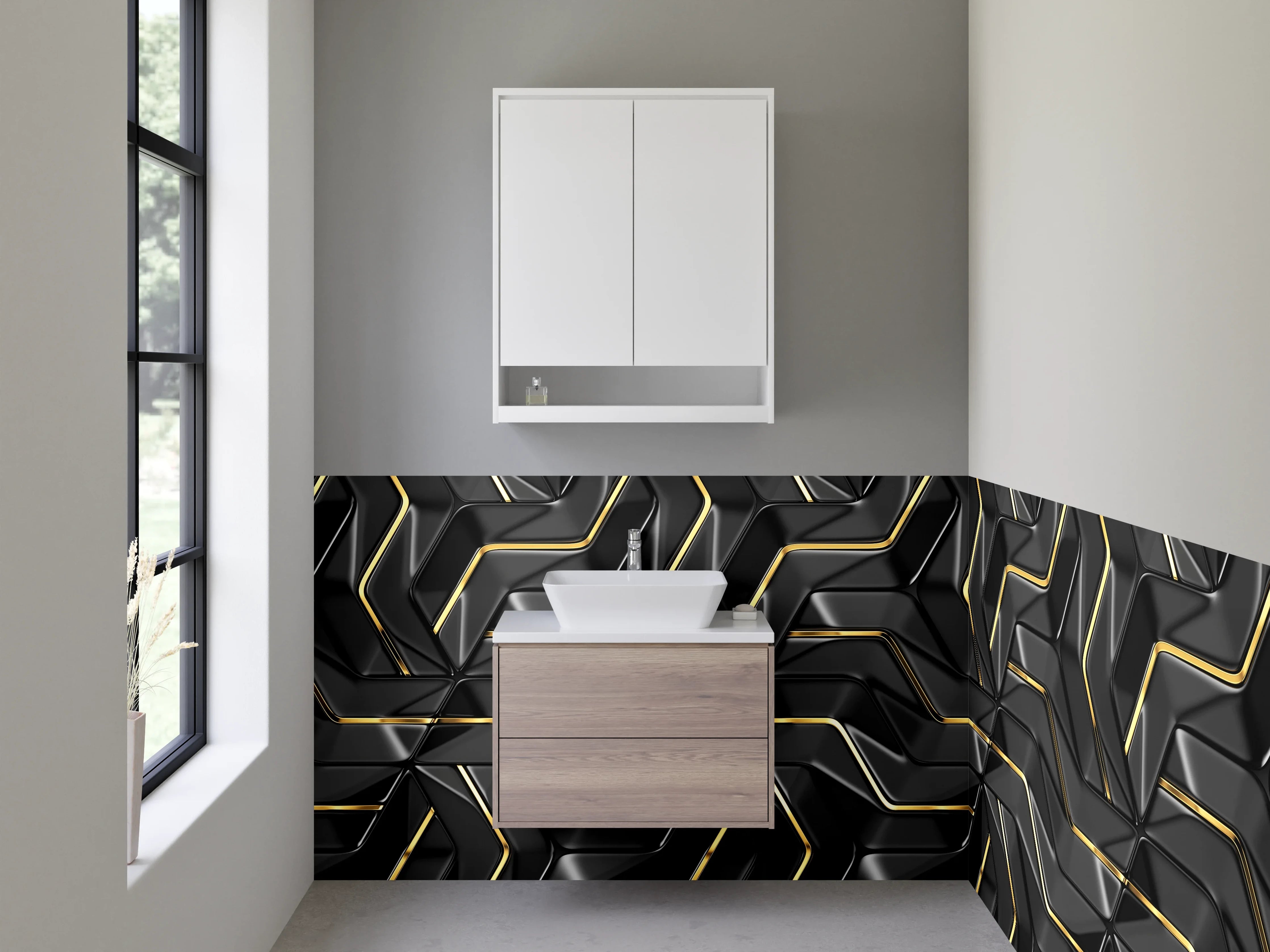 Waschbecken-Rückwand - Luxuriöses 3D-Design Schwarz Gold