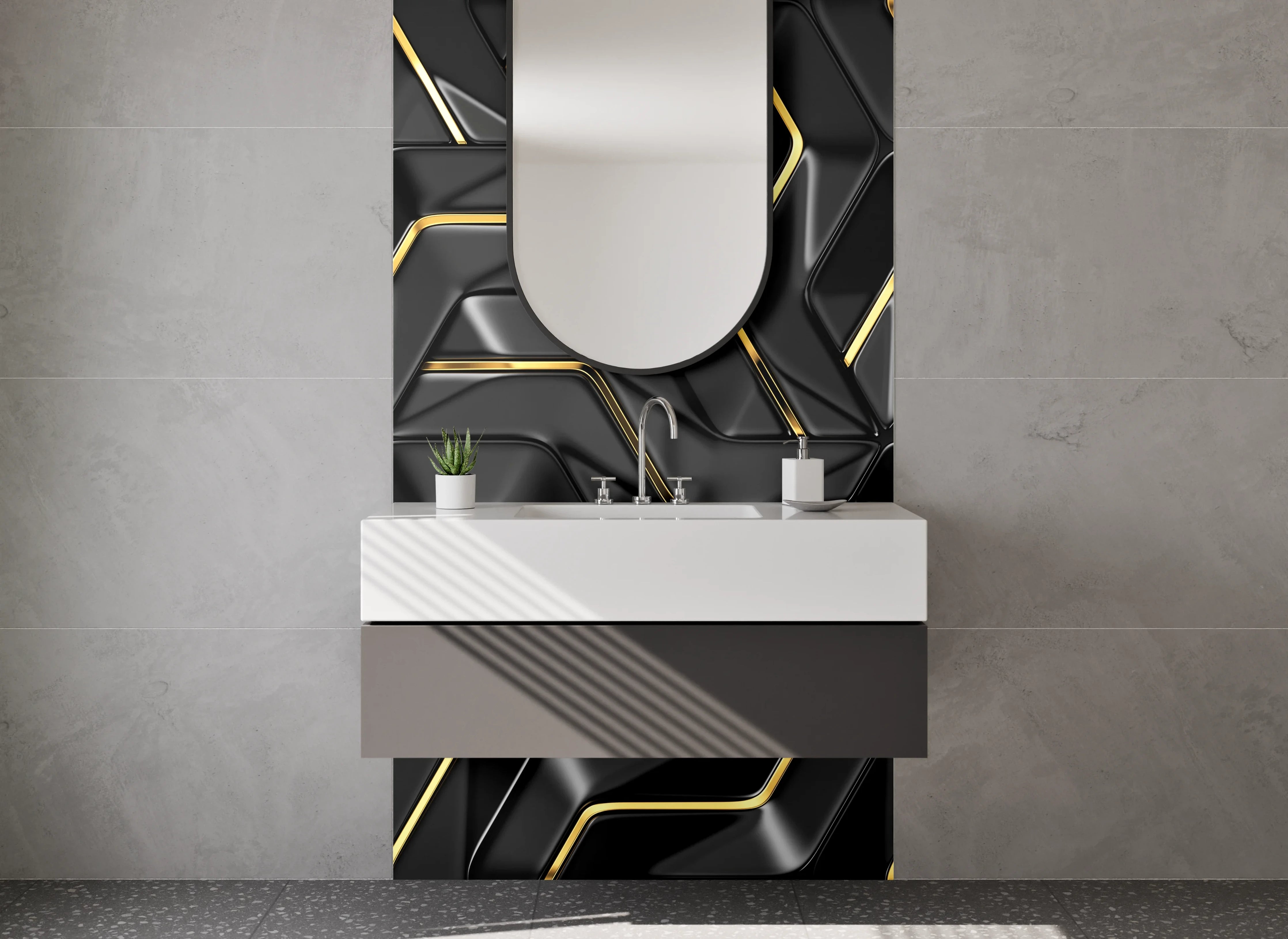 Waschbecken-Rückwand - Luxuriöses 3D-Design Schwarz Gold