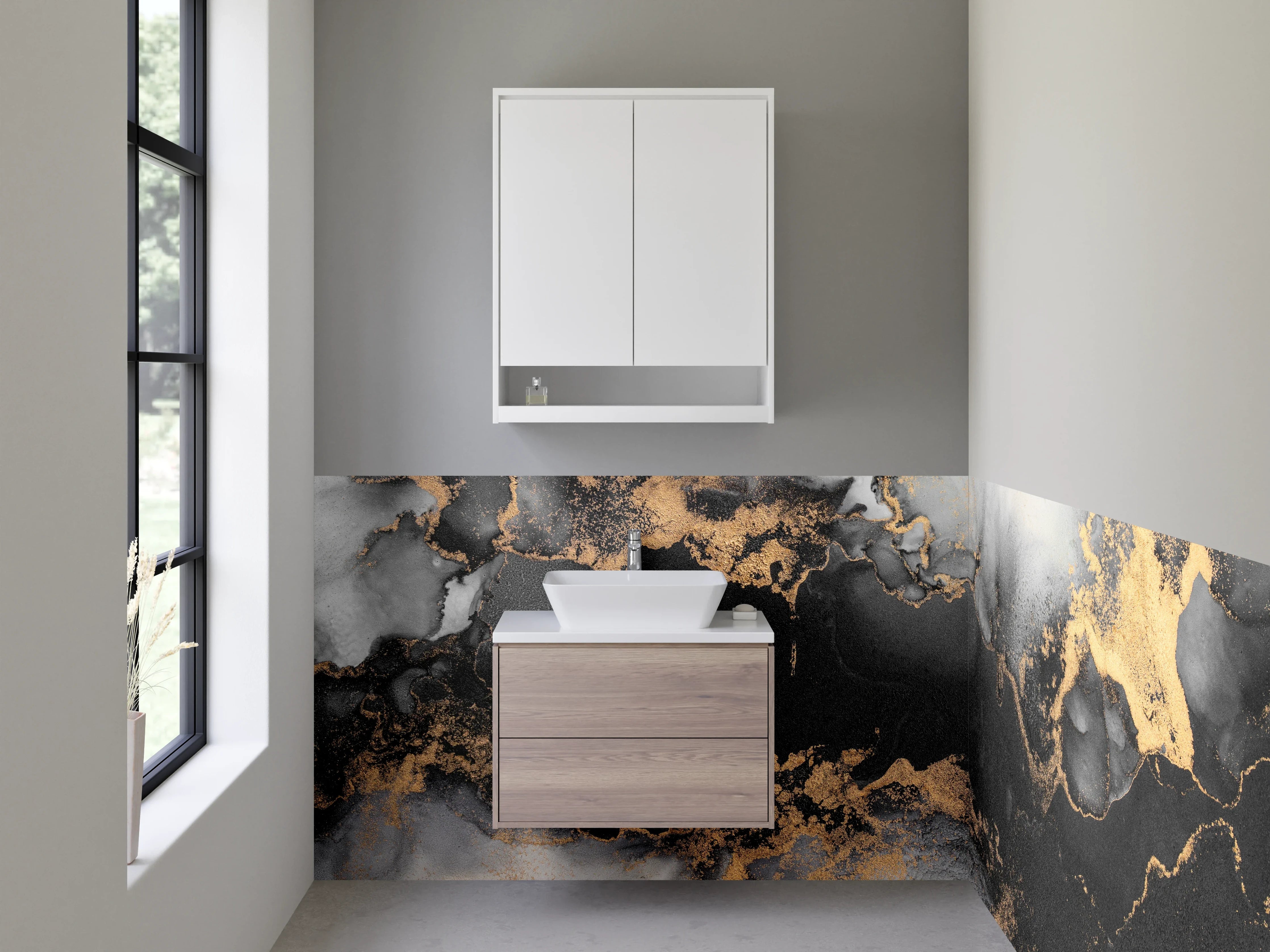Waschbecken-Rückwand - Luxuriöses schwarzes und goldfarbenes Marmor-Design