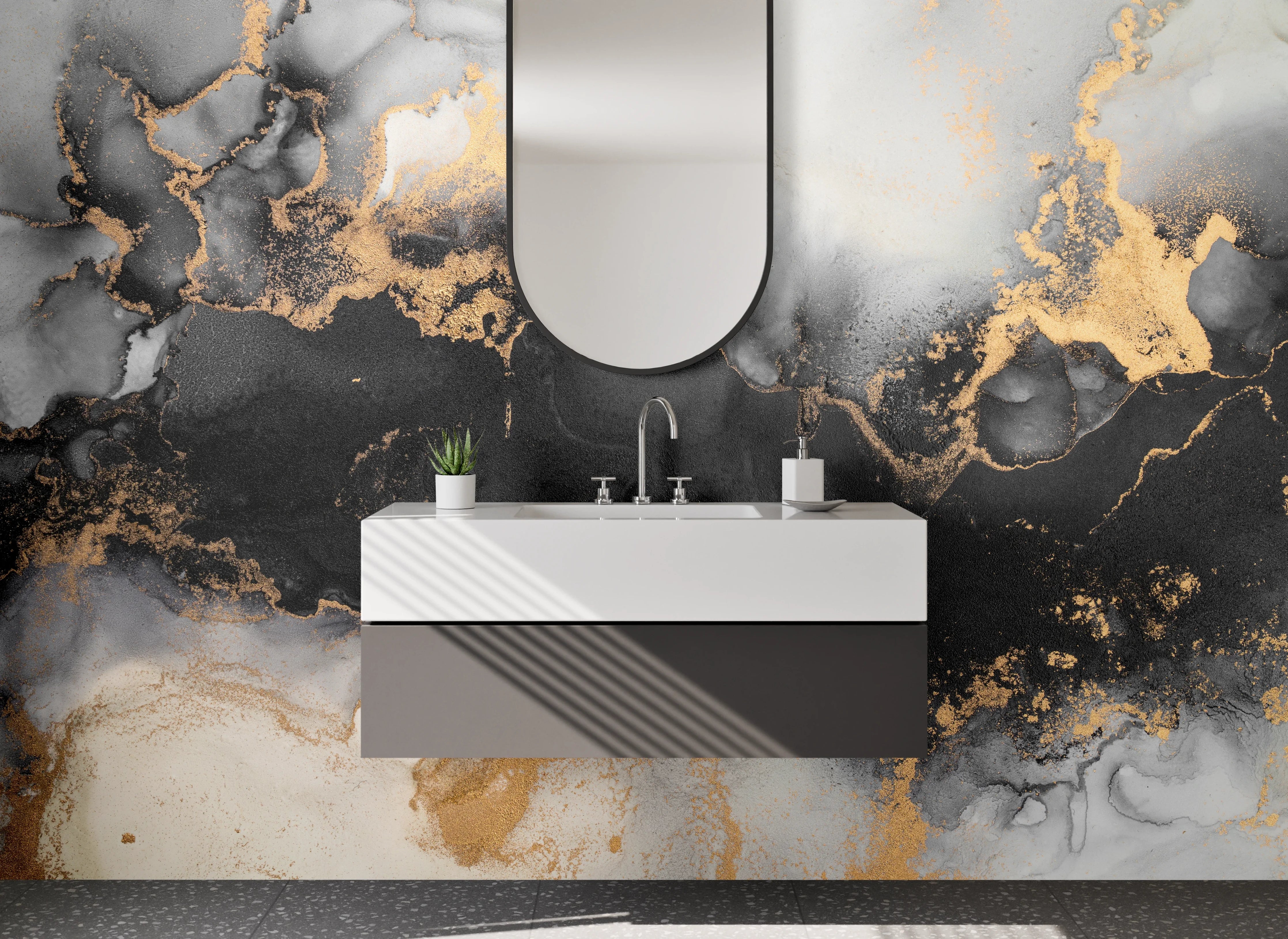 Waschbecken-Rückwand - Luxuriöses schwarzes und goldfarbenes Marmor-Design