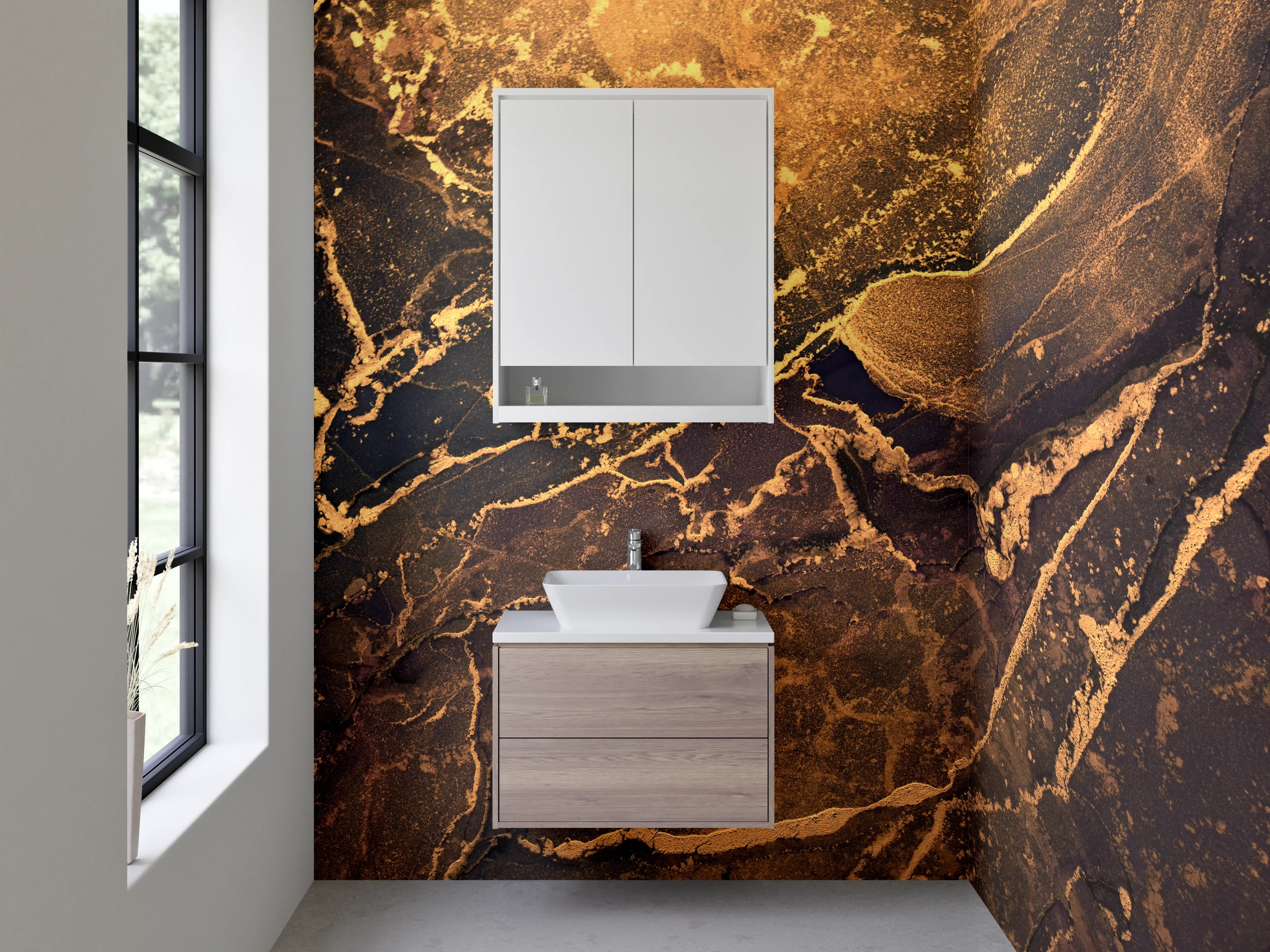 Waschbecken-Rückwand - Luxus-Wei00%45s- und Goldmarmor-Optik