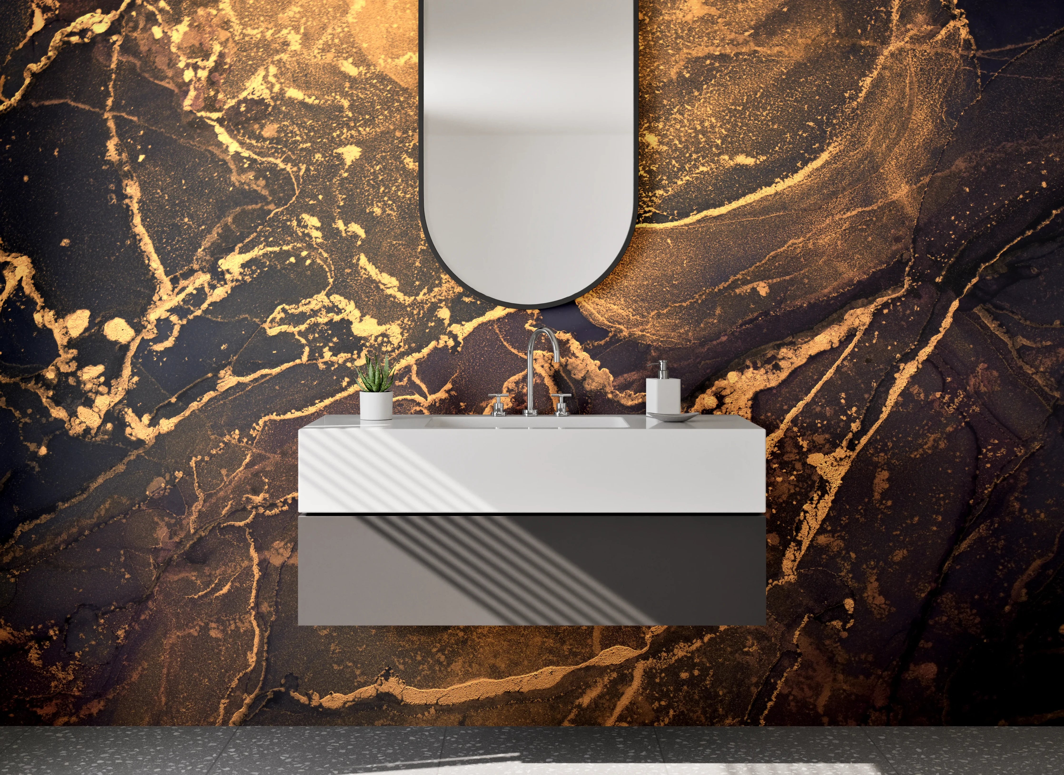 Waschbecken-Rückwand - Luxus-Wei00%45s- und Goldmarmor-Optik
