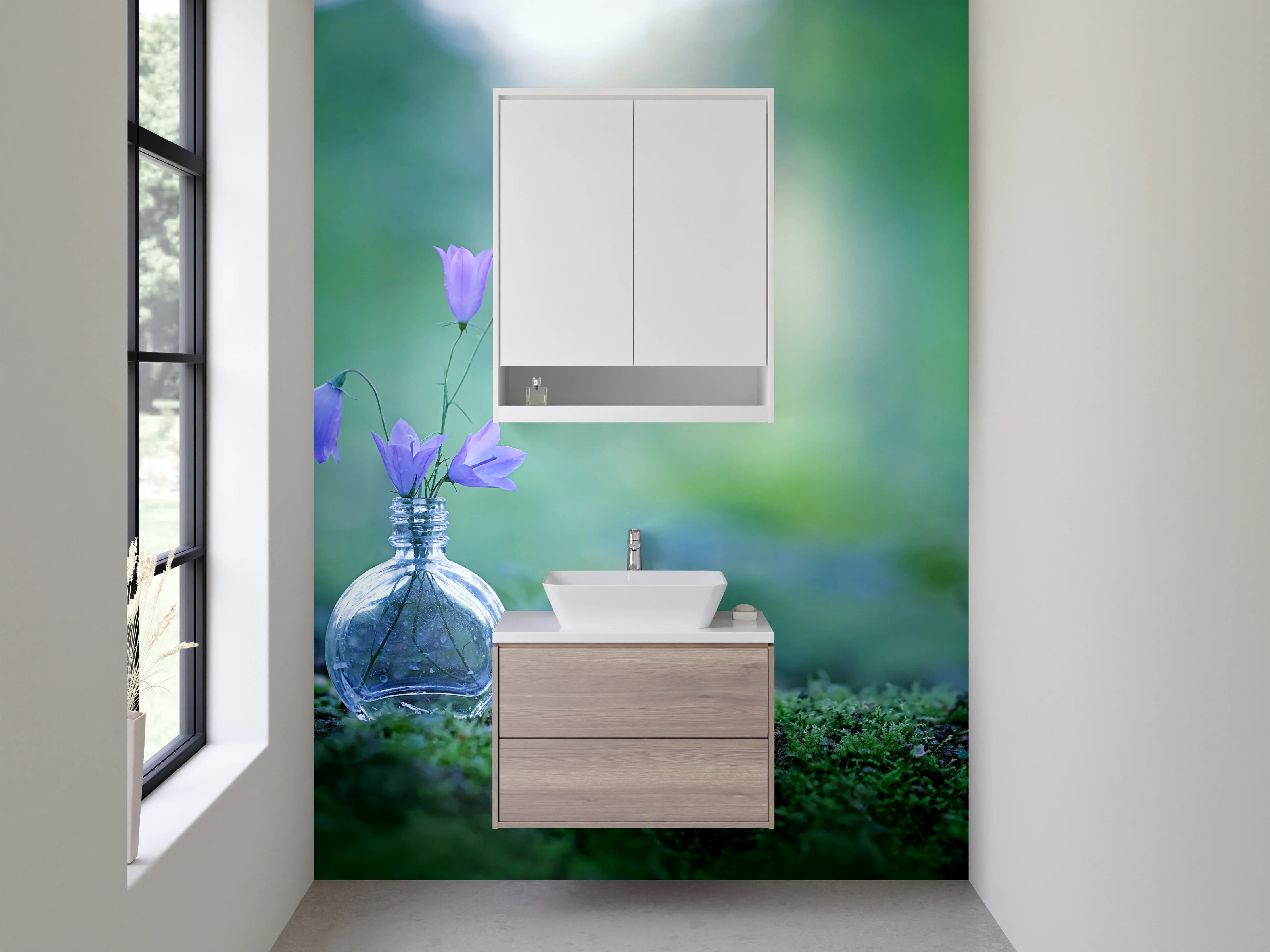 Waschbecken-Rückwand - Märchenhafte Waldblumen im Glas