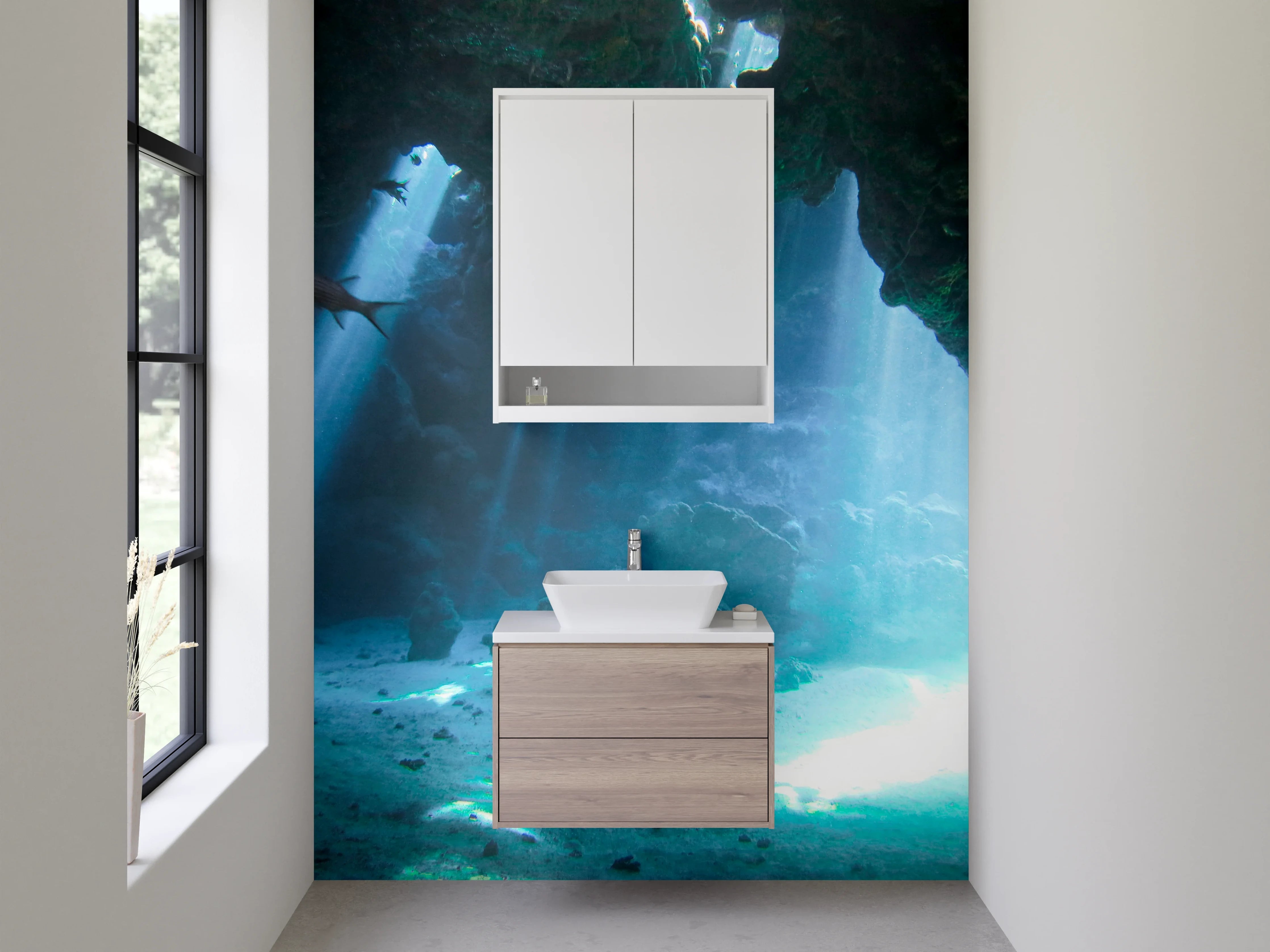 Waschbecken-Rückwand - Magische Unterwasserhöhle Lichtstrahlen