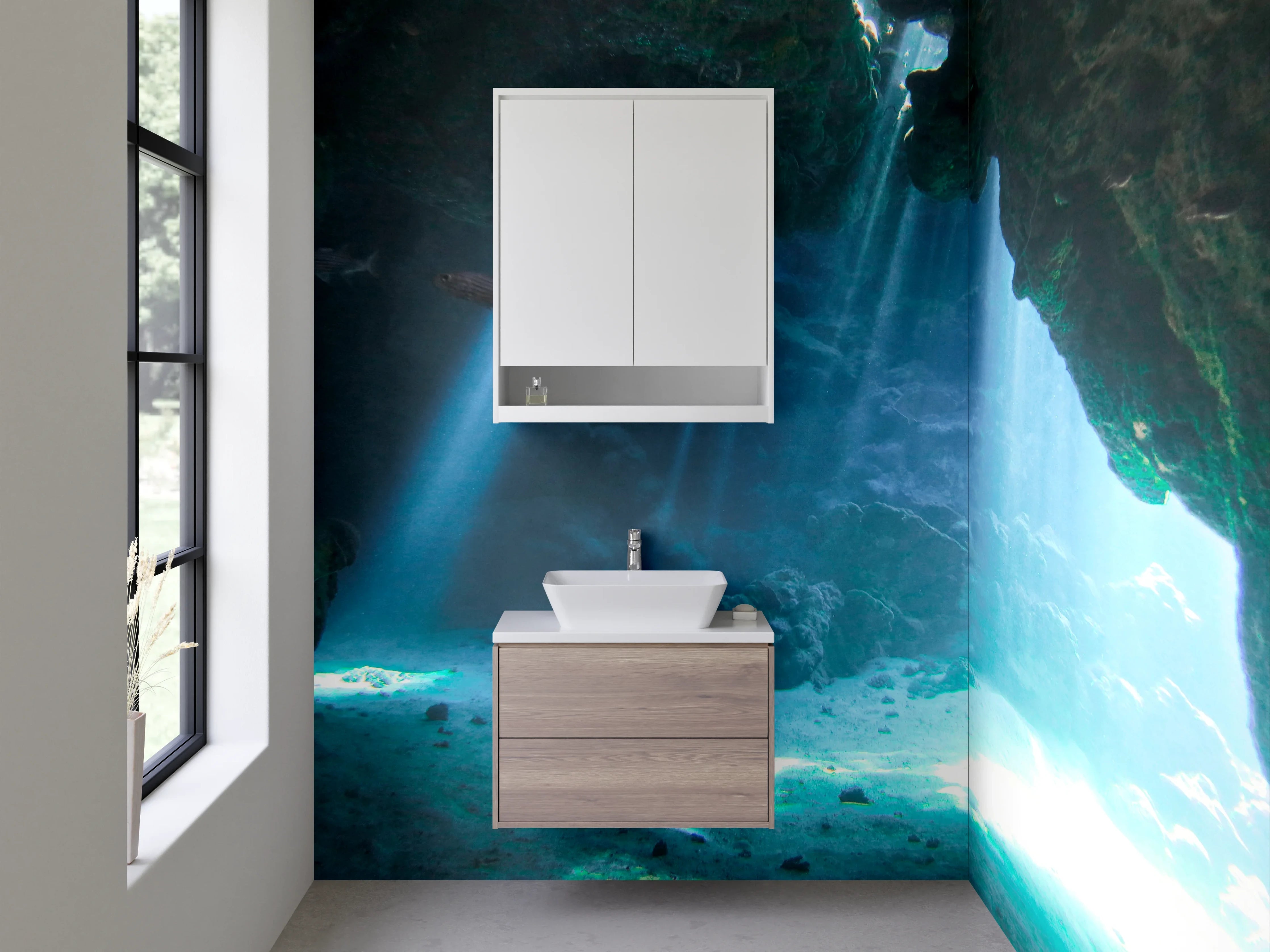 Waschbecken-Rückwand - Magische Unterwasserhöhle Lichtstrahlen