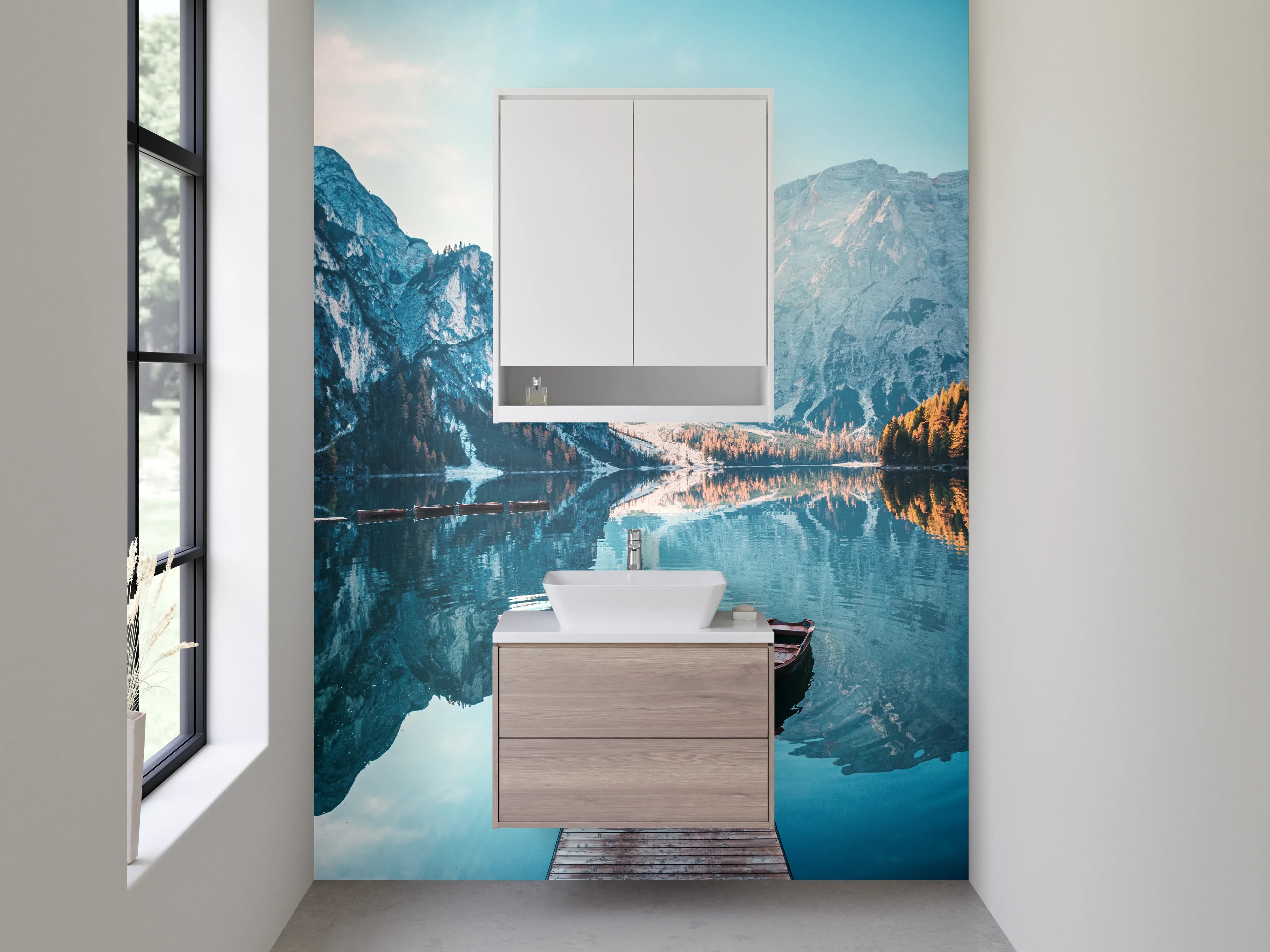 Waschbecken-Rückwand - Magischer Bergsee mit Holzsteg
