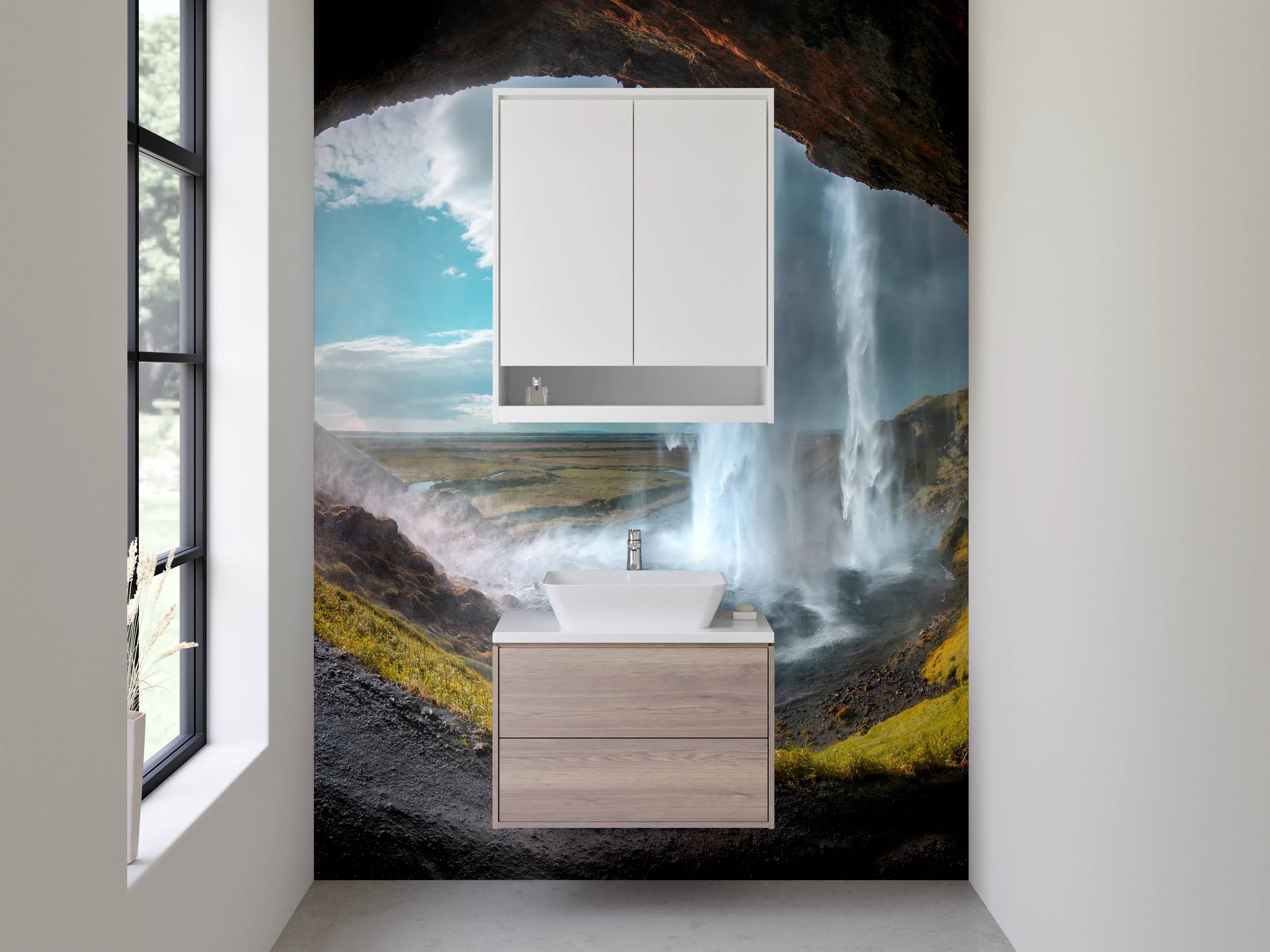 Waschbecken-Rückwand - Magischer Wasserfall Blick aus Höhle