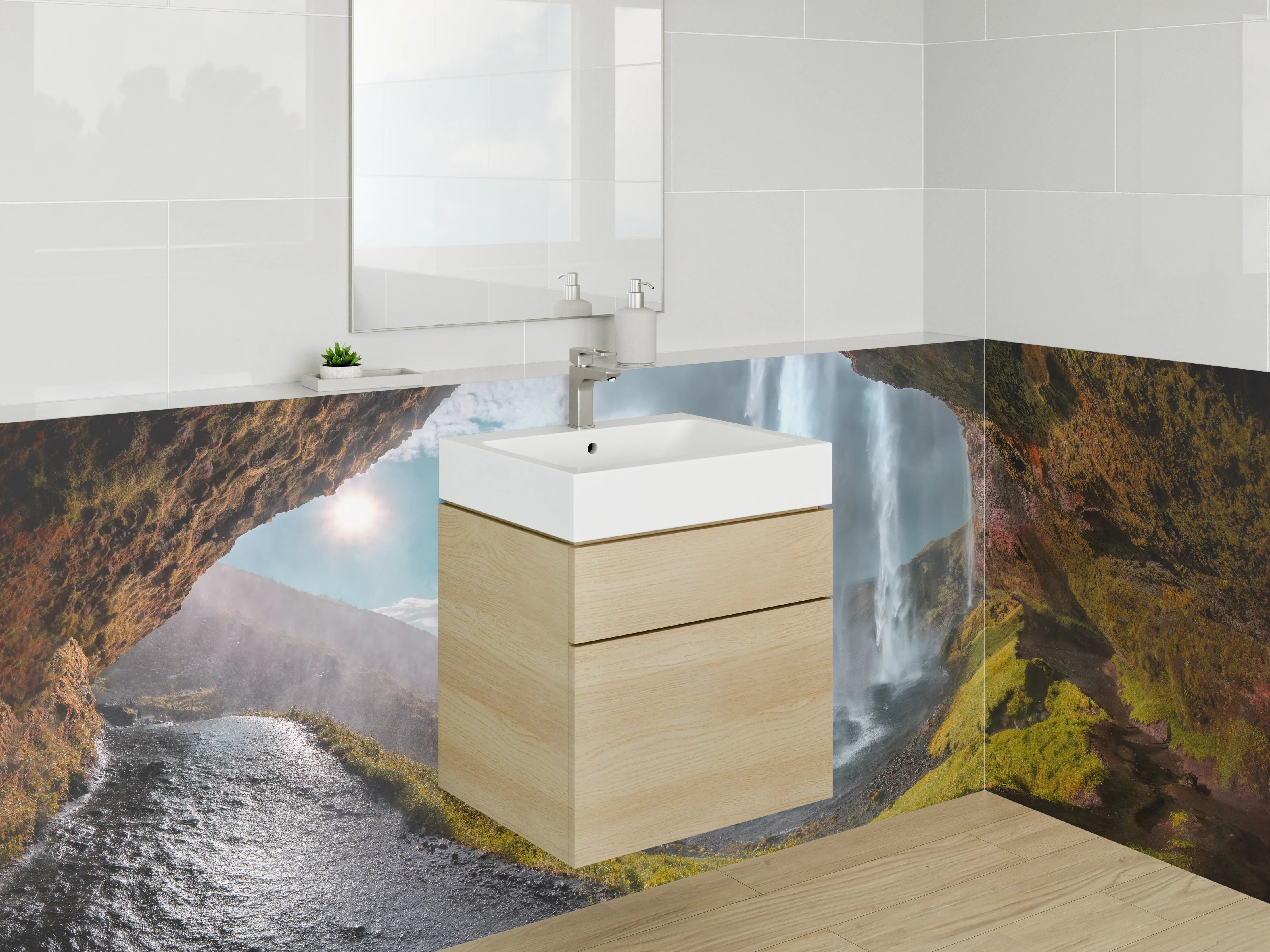 Waschbecken-Rückwand - Magischer Wasserfall Blick aus Höhle