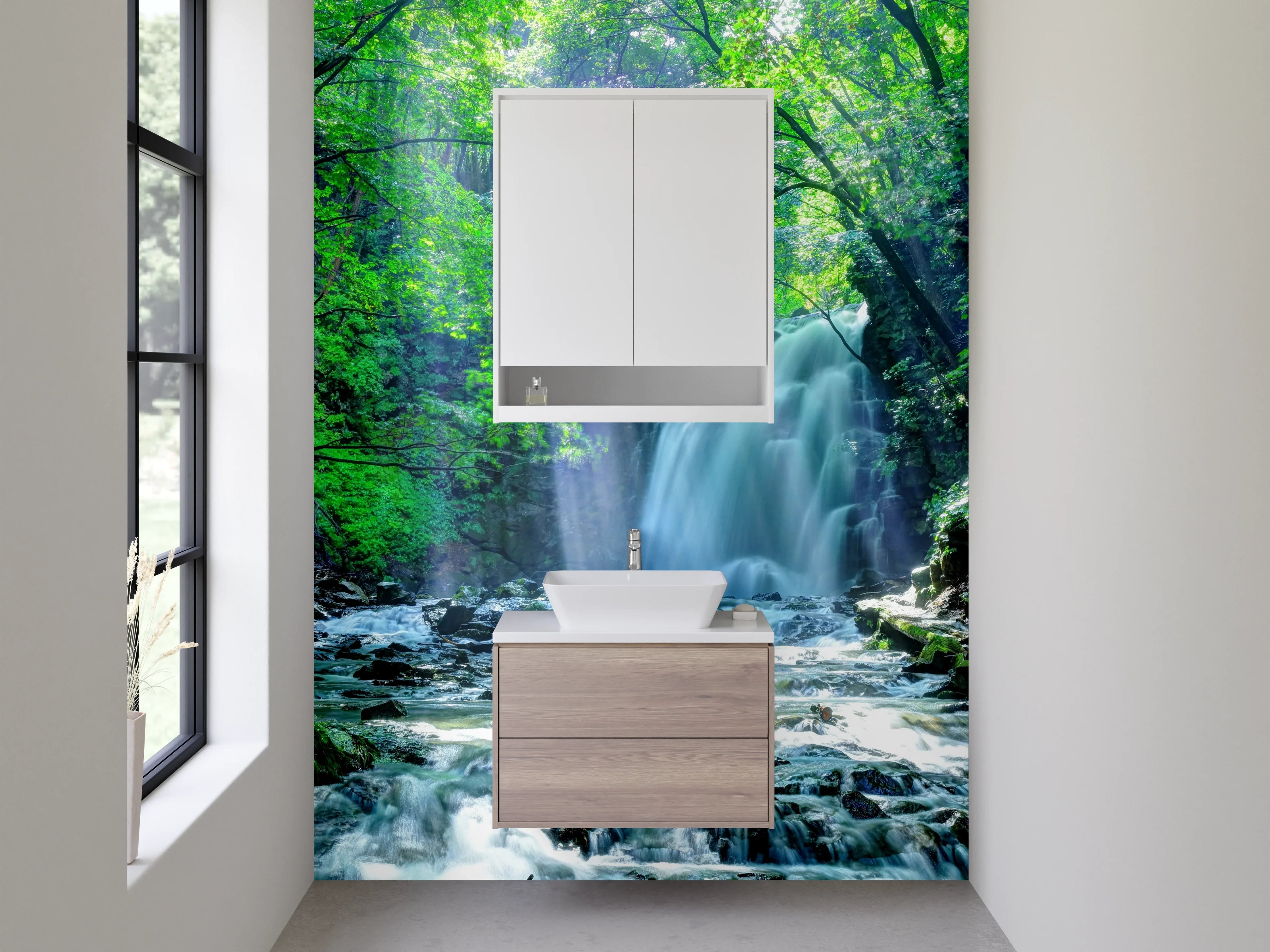 Waschbecken-Rückwand - Magischer Wasserfall im Wald