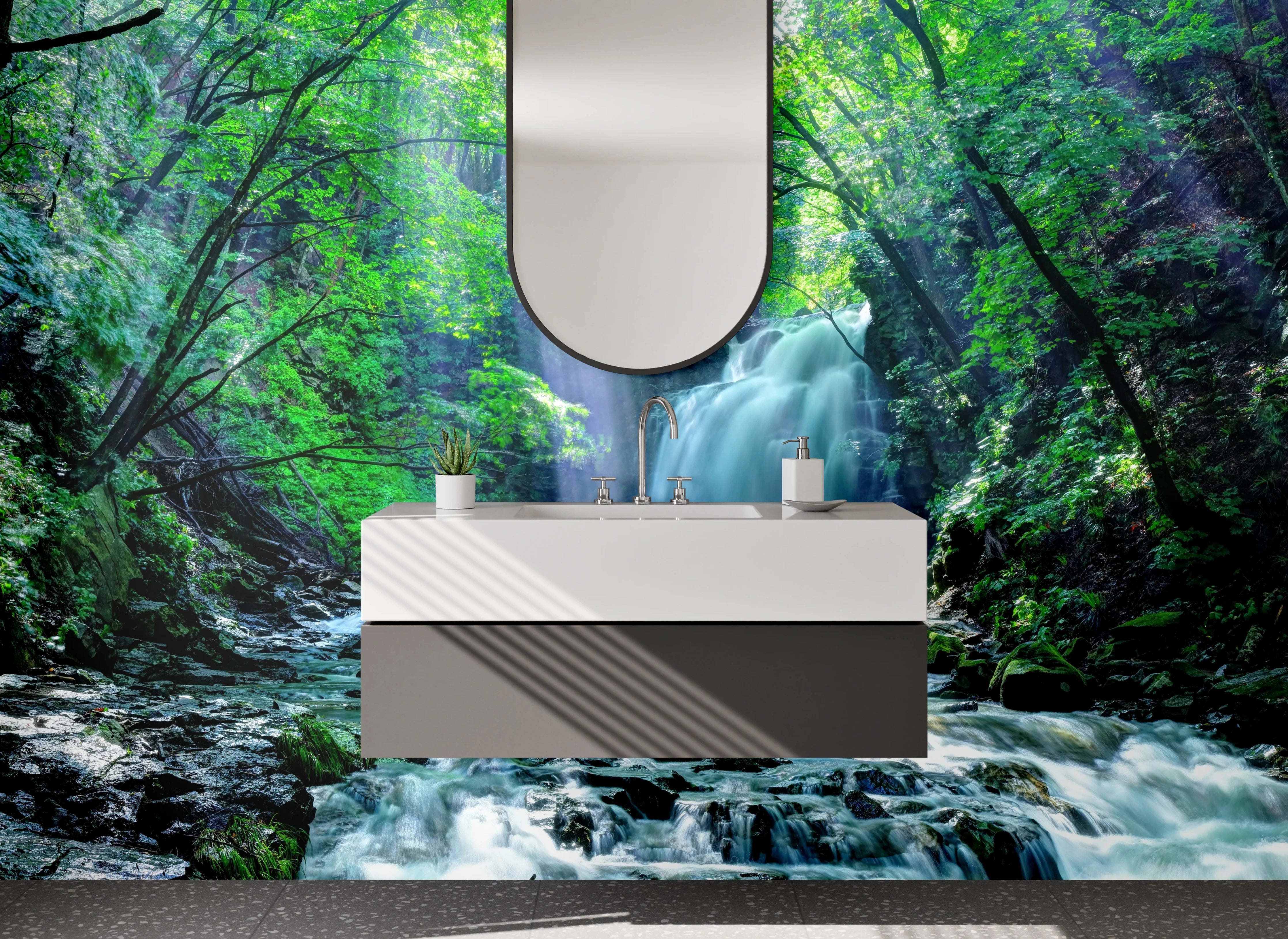 Waschbecken-Rückwand - Magischer Wasserfall im Wald