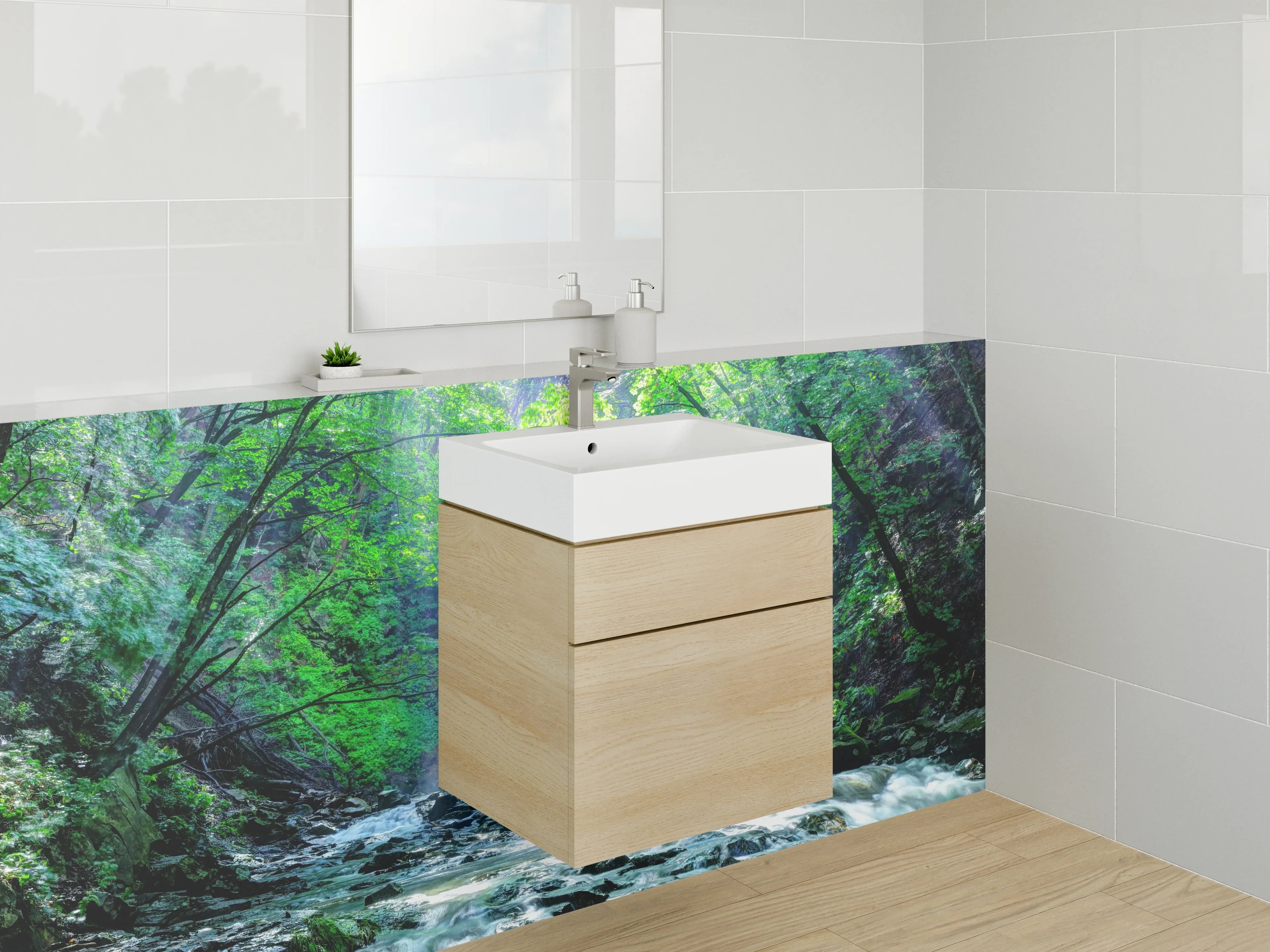 Waschbecken-Rückwand - Magischer Wasserfall im Wald