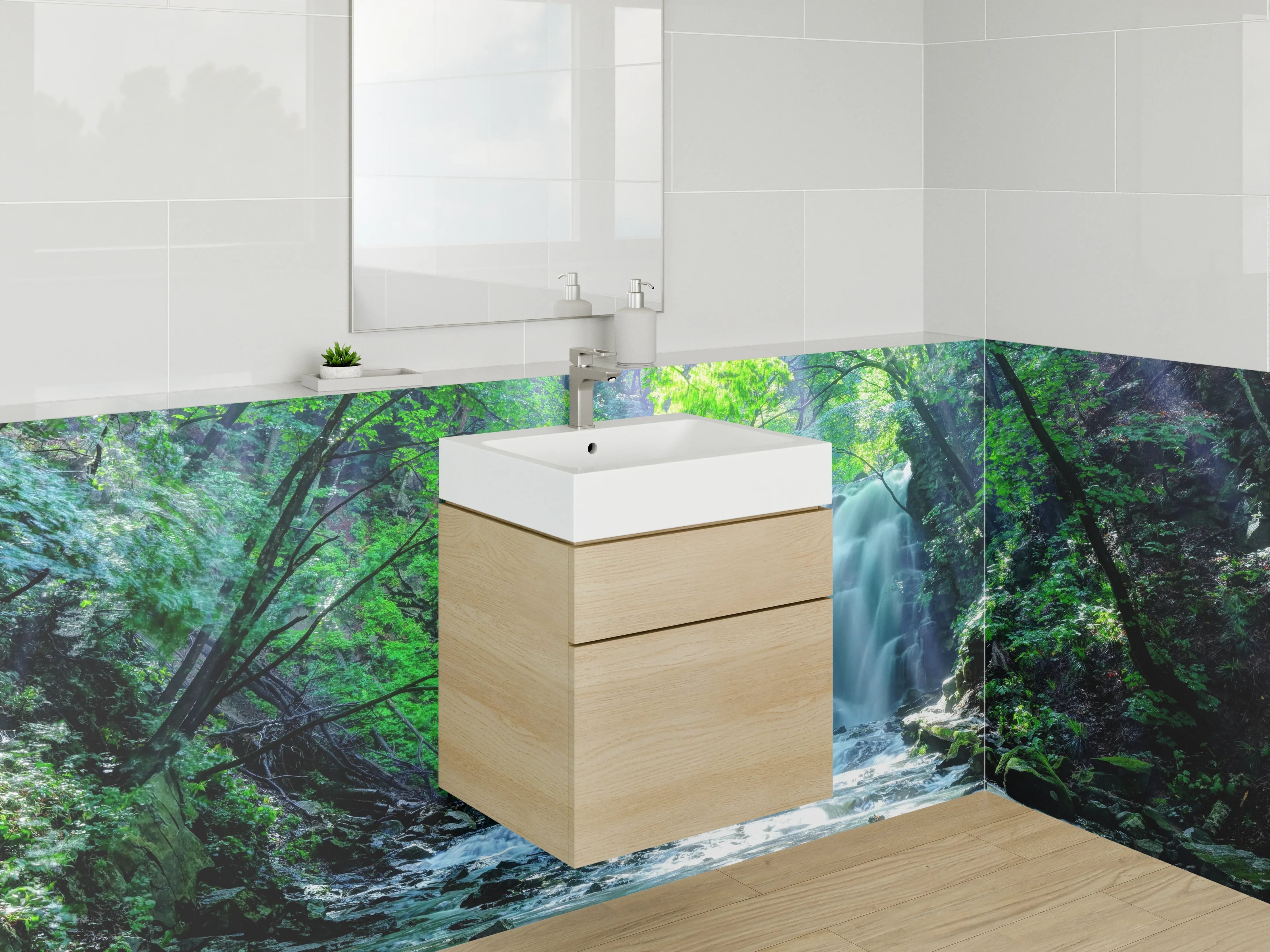 Waschbecken-Rückwand - Magischer Wasserfall im Wald