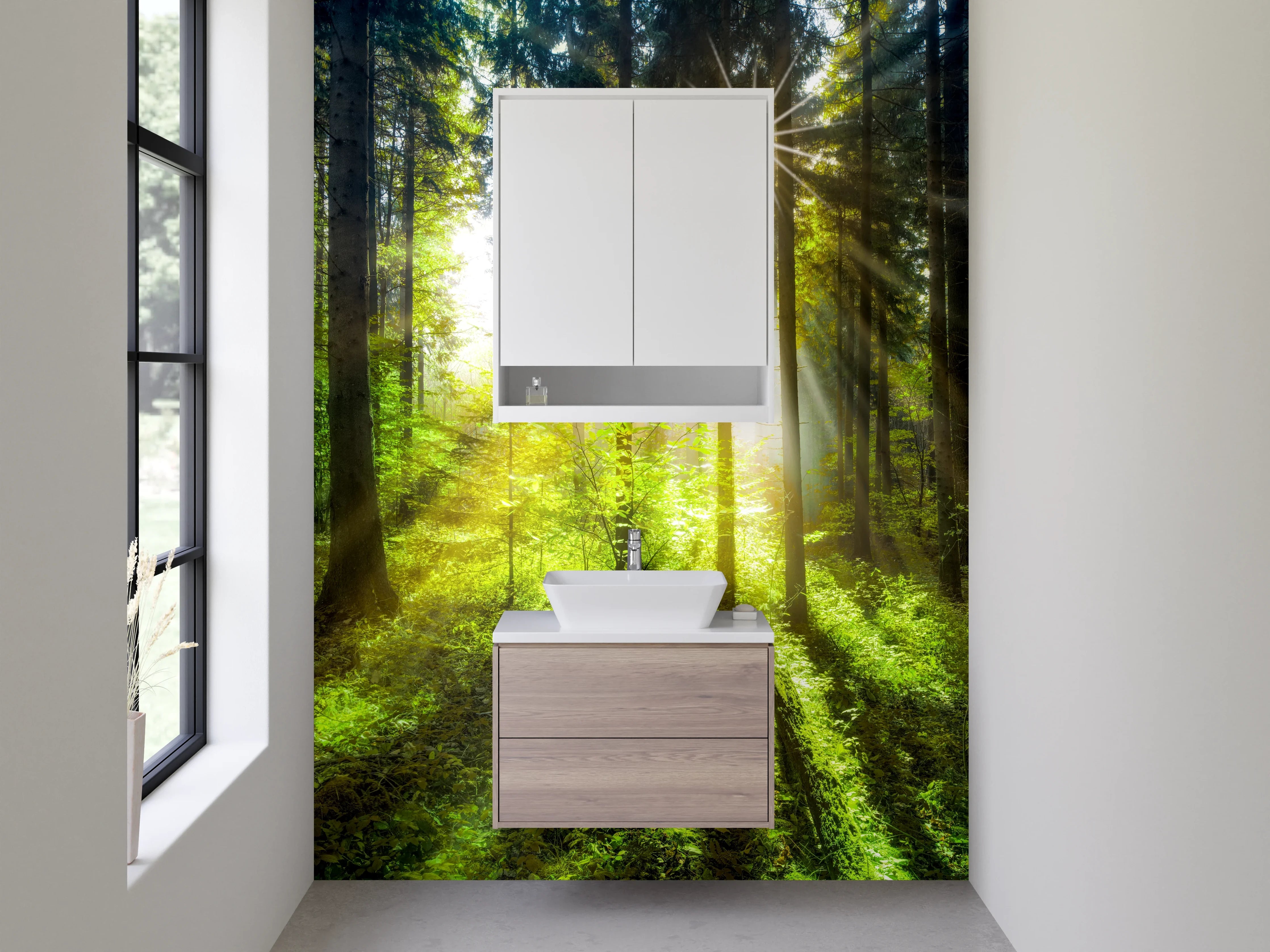 Waschbecken-Rückwand - Magisches Sonnenlicht im Wald