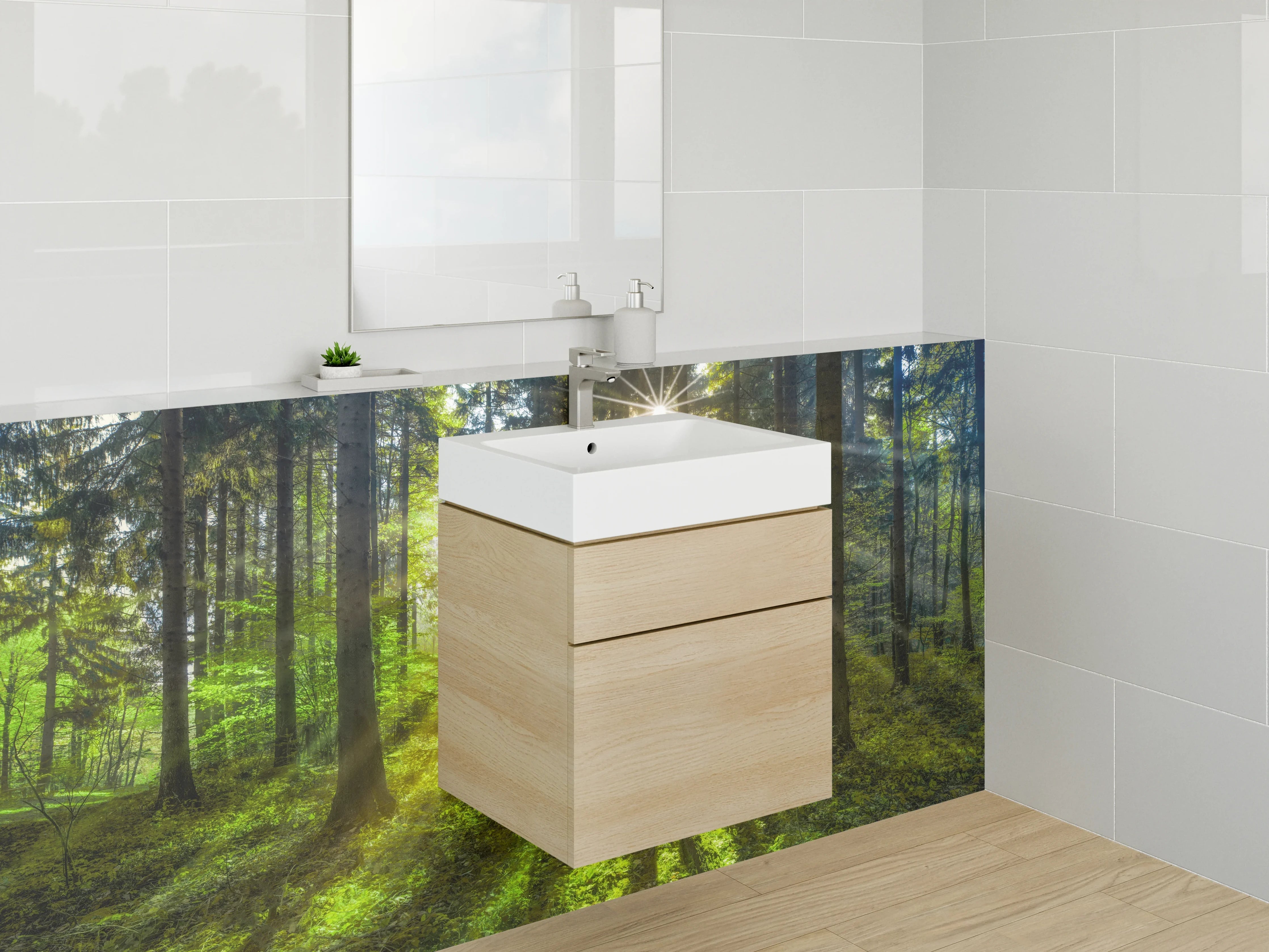 Waschbecken-Rückwand - Magisches Sonnenlicht im Wald