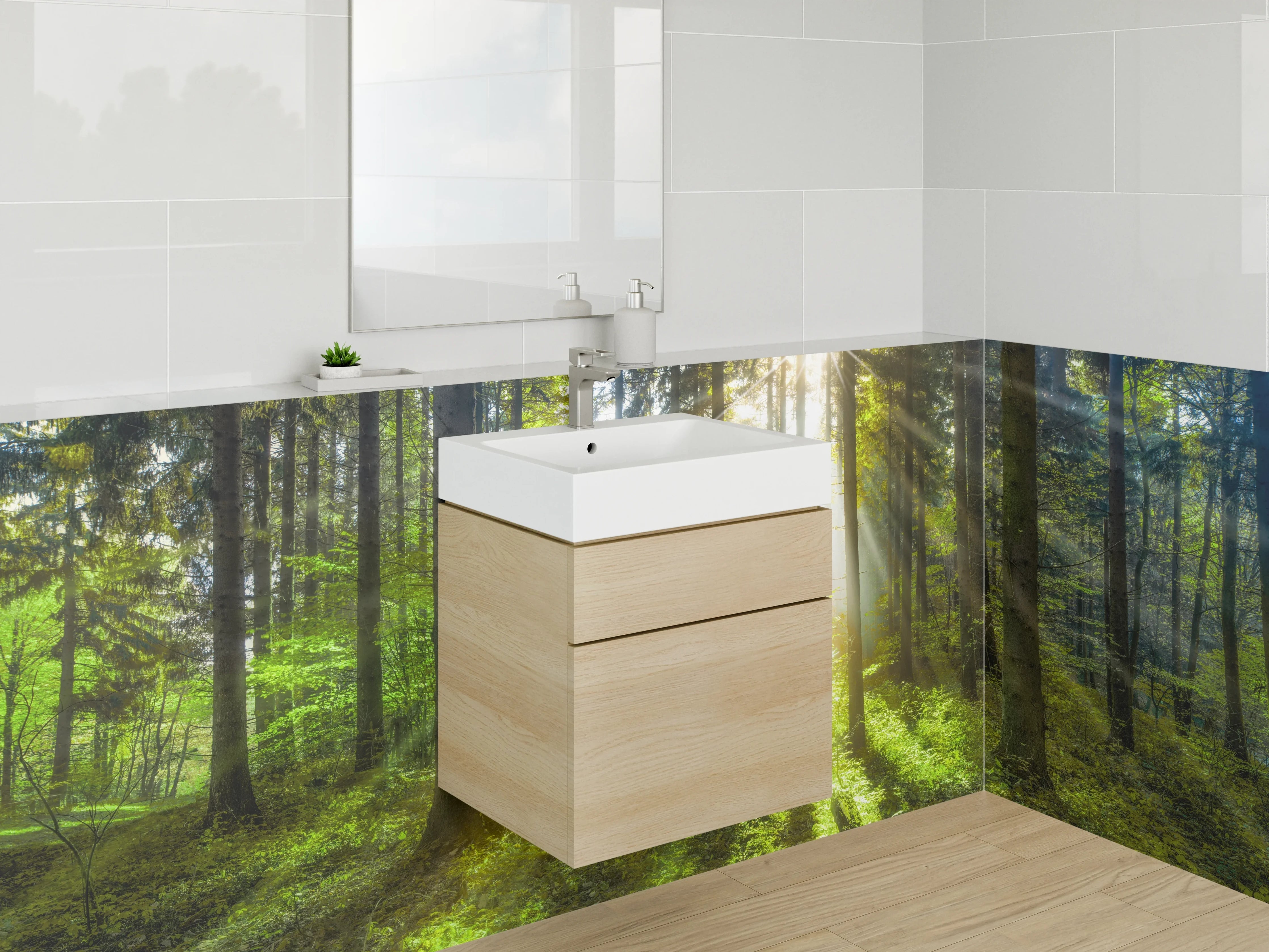 Waschbecken-Rückwand - Magisches Sonnenlicht im Wald