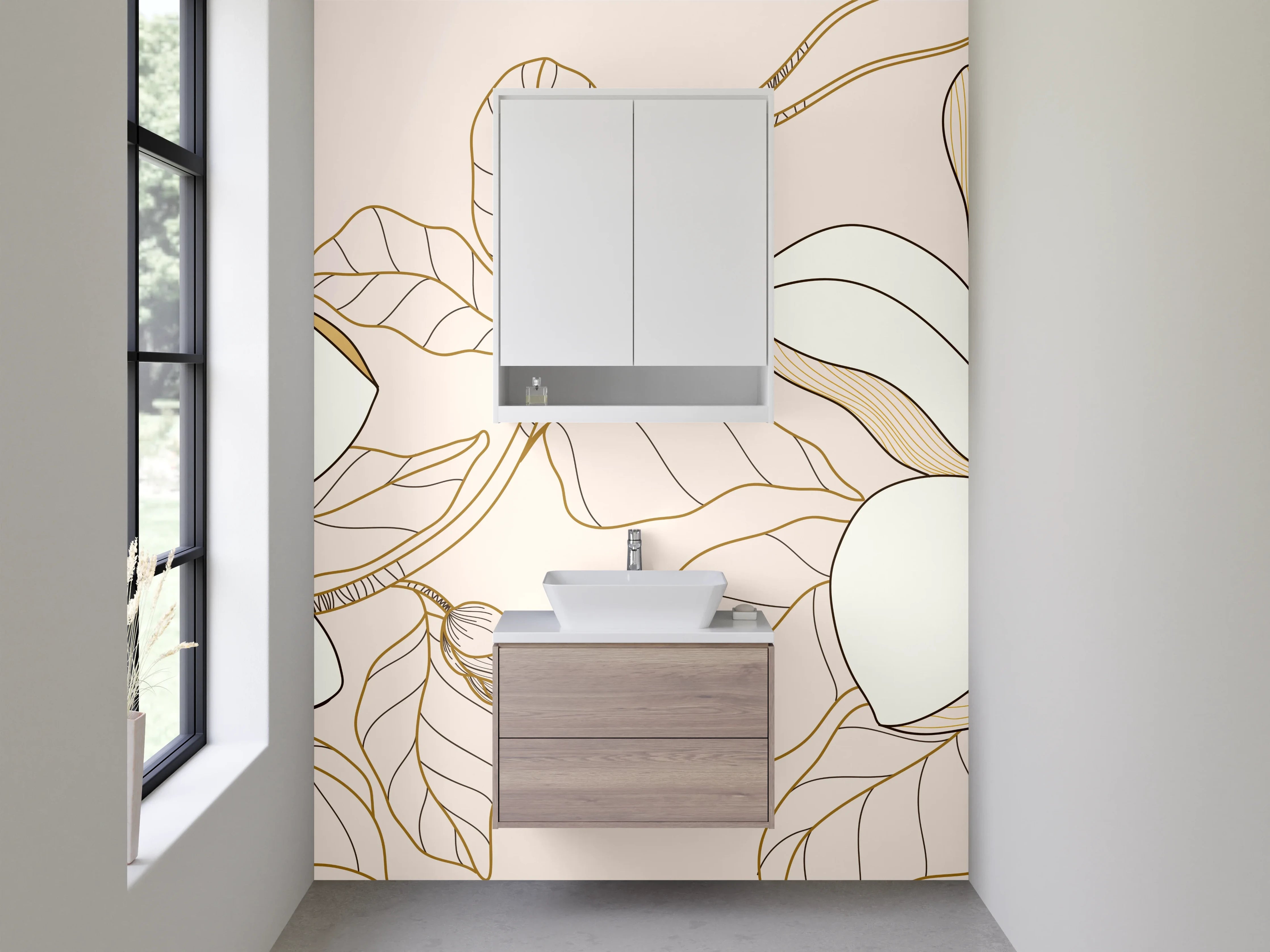 Waschbecken-Rückwand - Magnolien Gold Lineart Blüten