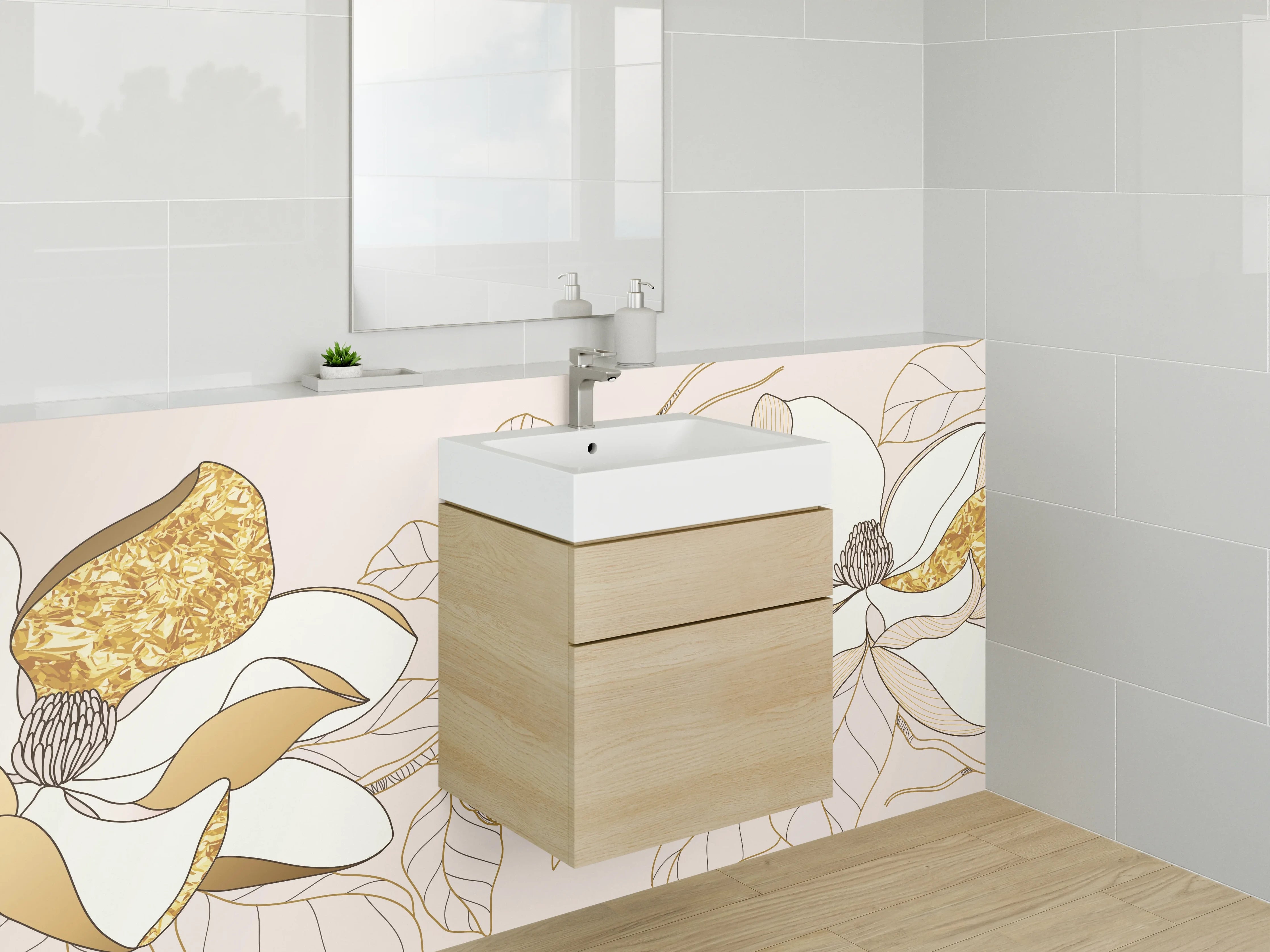 Waschbecken-Rückwand - Magnolien Gold Lineart Blüten