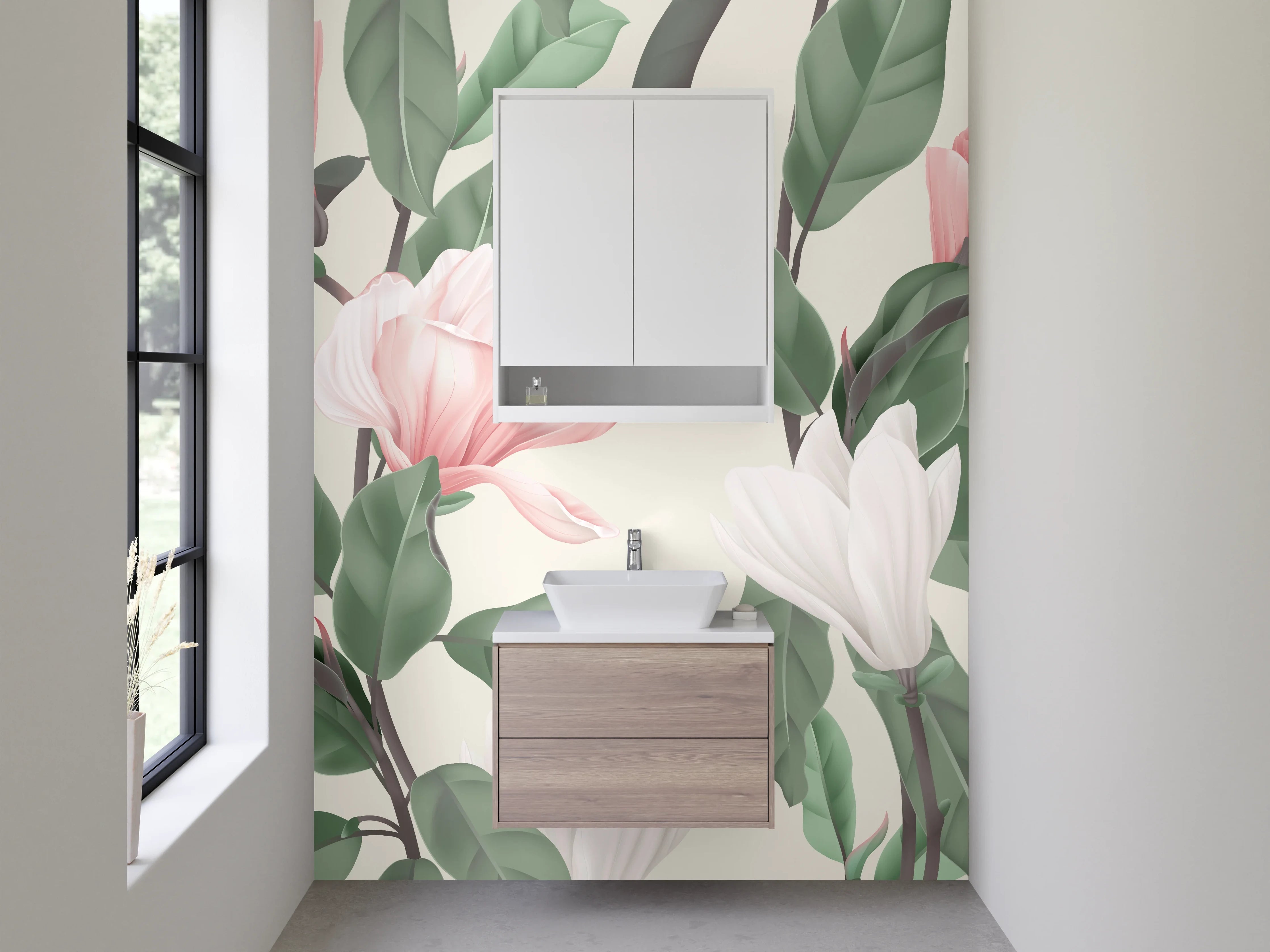 Waschbecken-Rückwand - Magnolien Illustration Rosa-Grün Trend