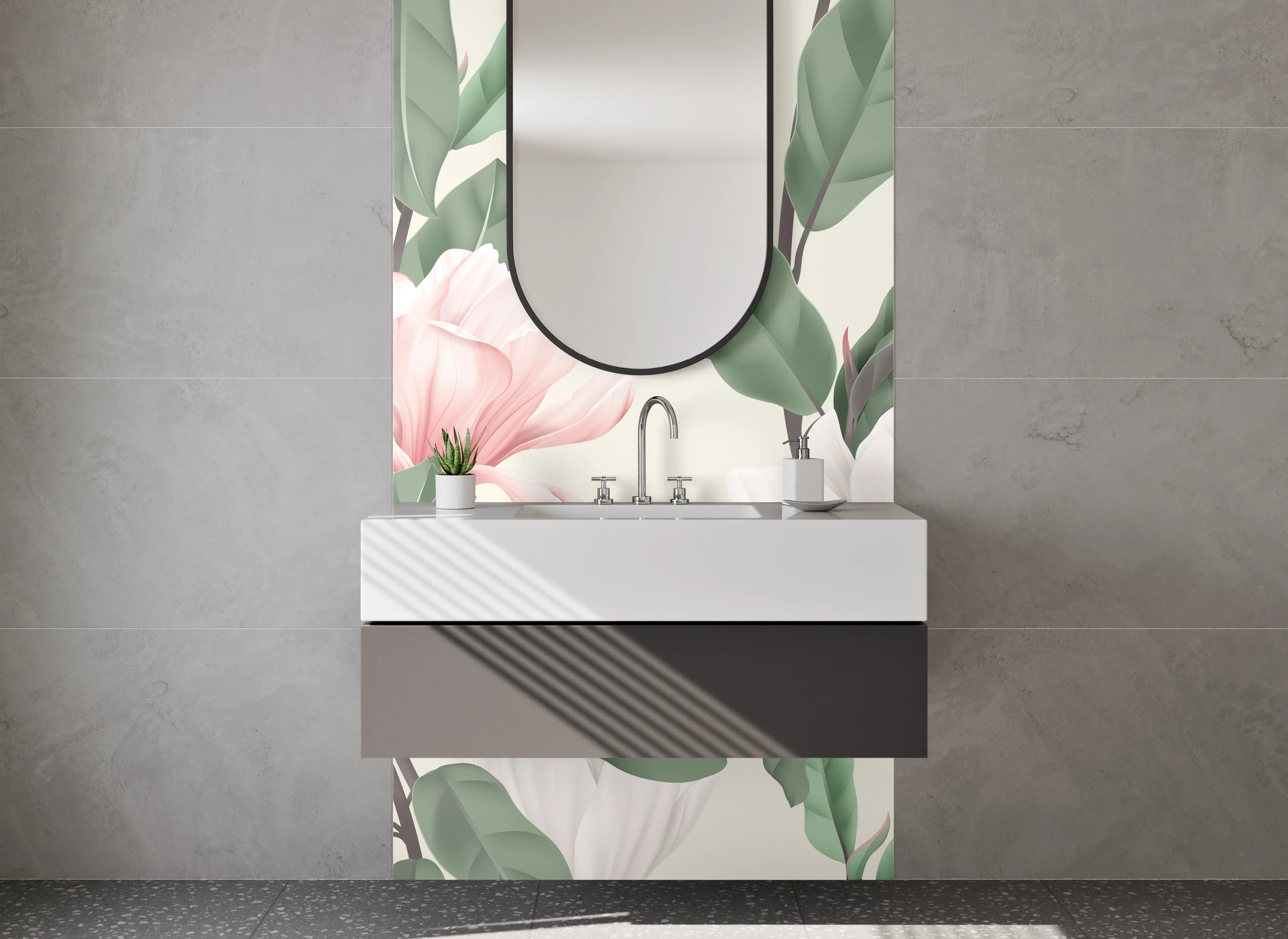 Waschbecken-Rückwand - Magnolien Illustration Rosa-Grün Trend