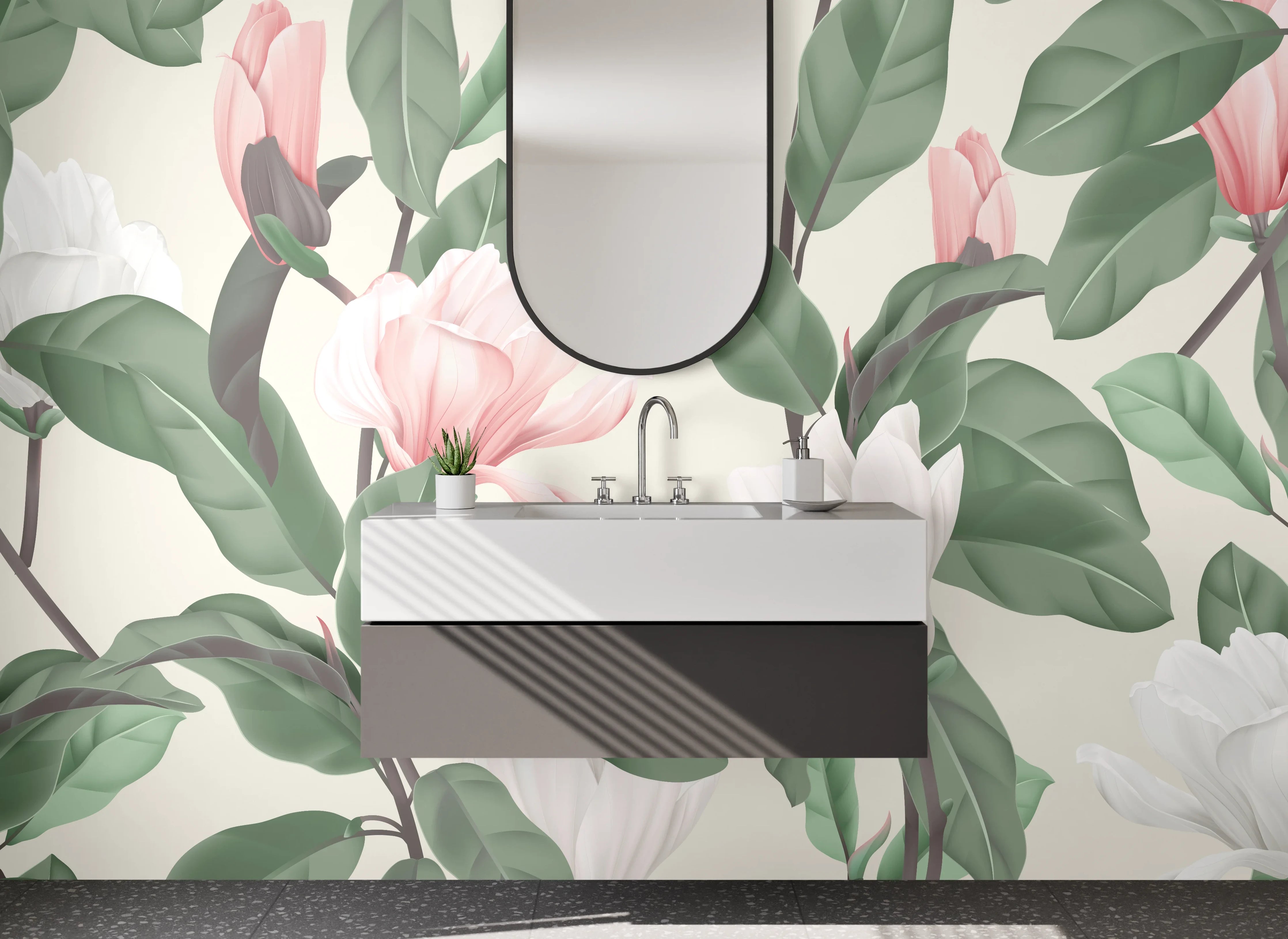 Waschbecken-Rückwand - Magnolien Illustration Rosa-Grün Trend