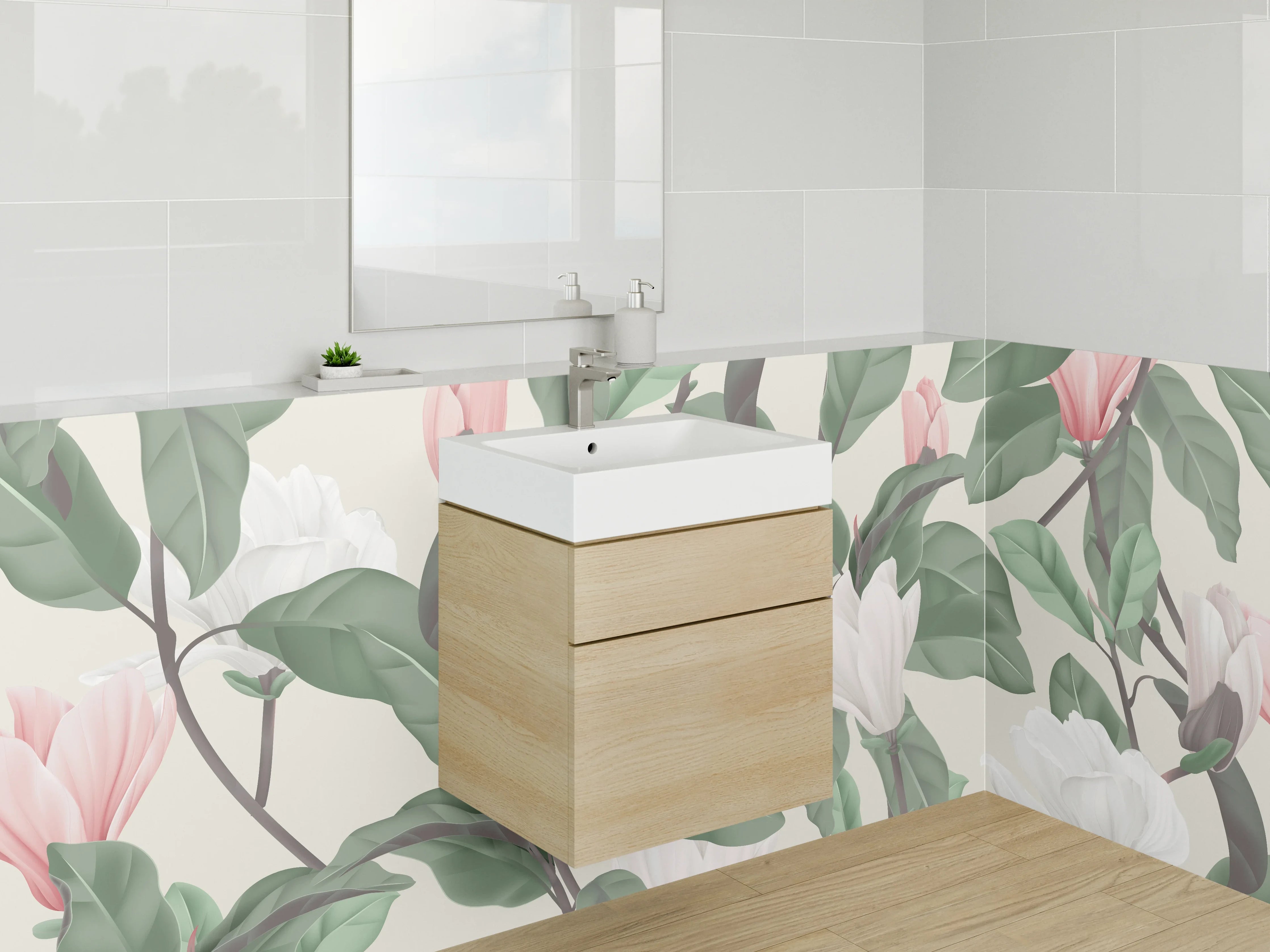 Waschbecken-Rückwand - Magnolien Illustration Rosa-Grün Trend