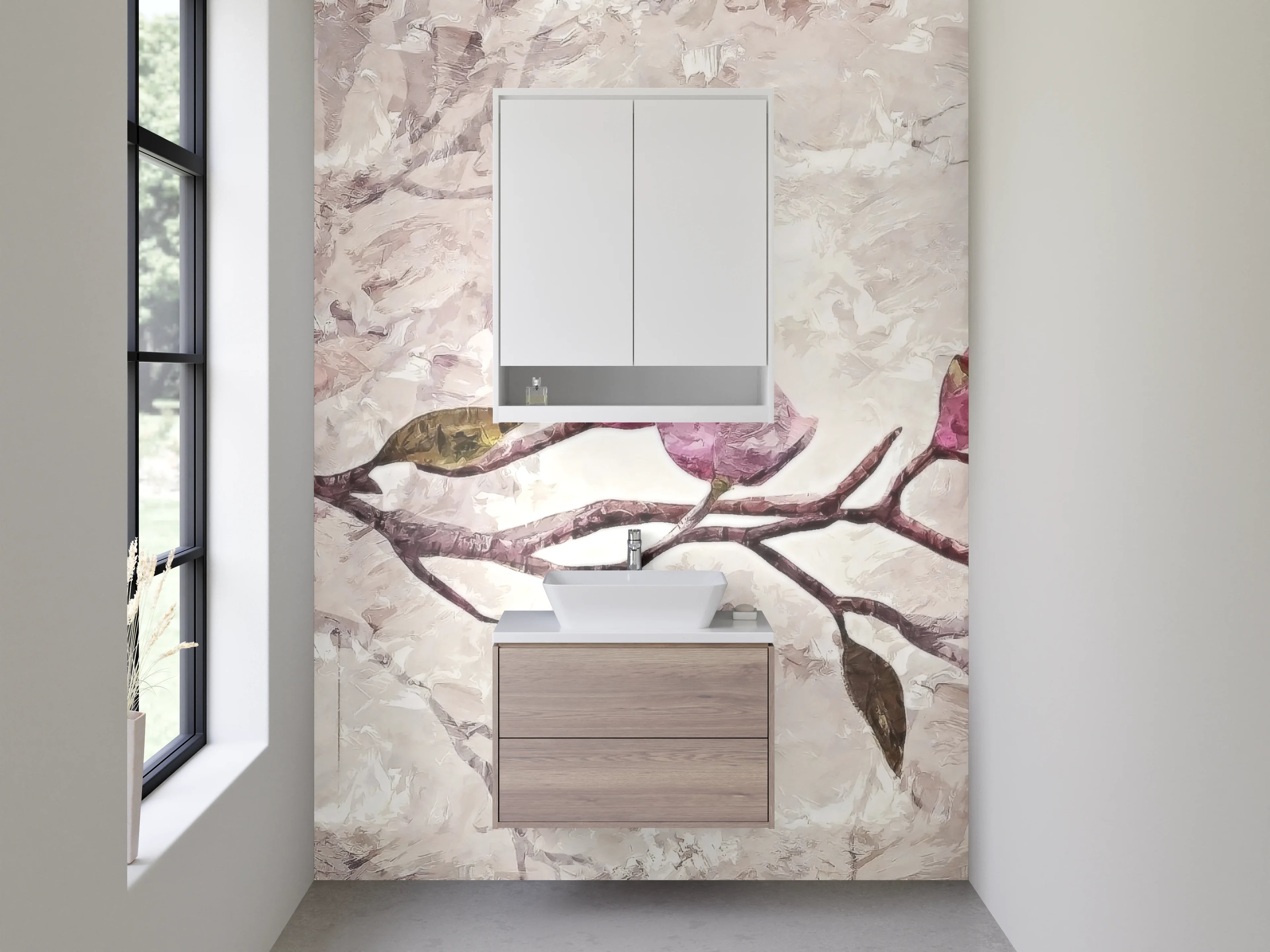 Waschbecken-Rückwand - Magnolienzweig Aquarell Rosa Beige