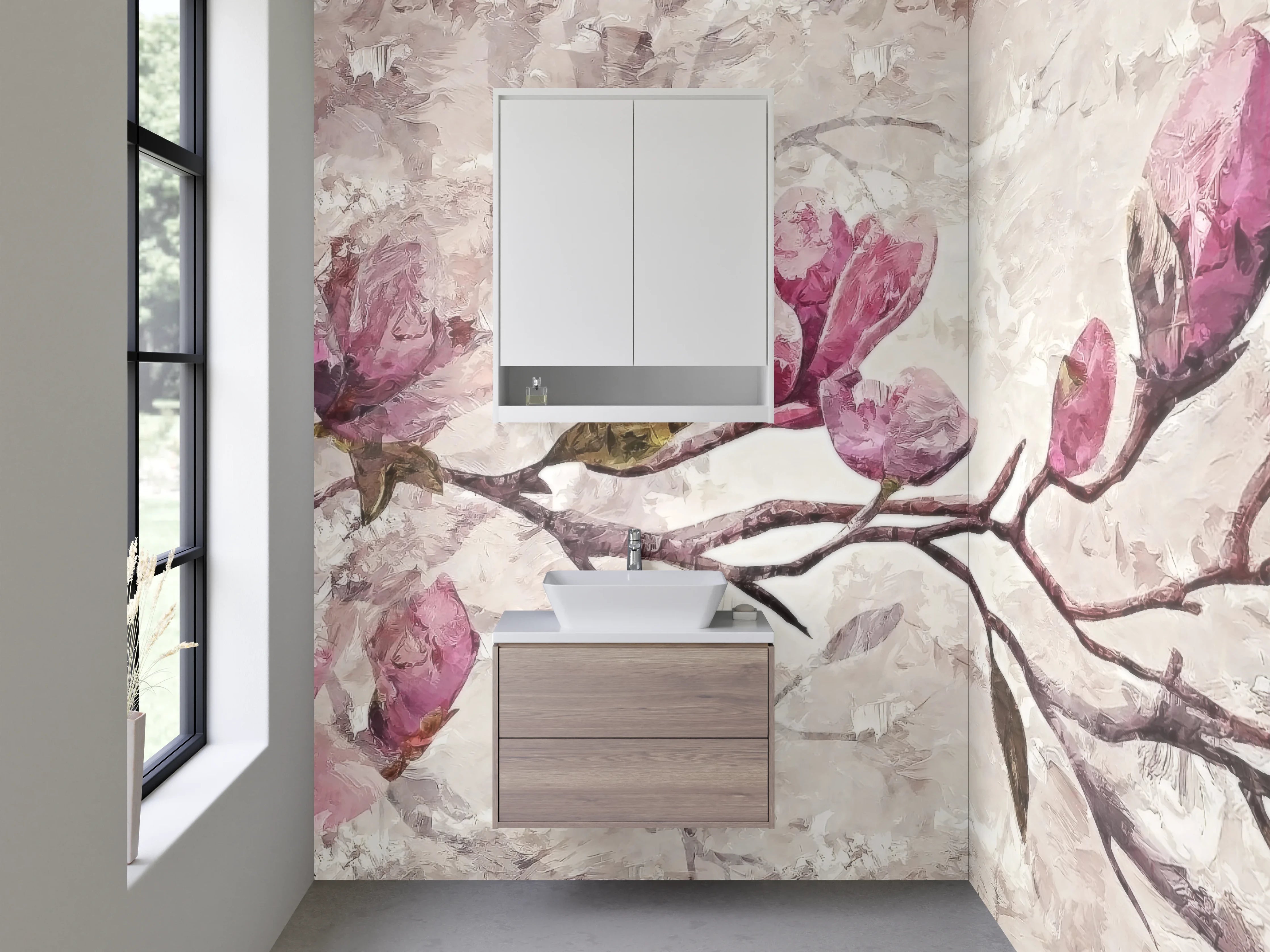 Waschbecken-Rückwand - Magnolienzweig Aquarell Rosa Beige
