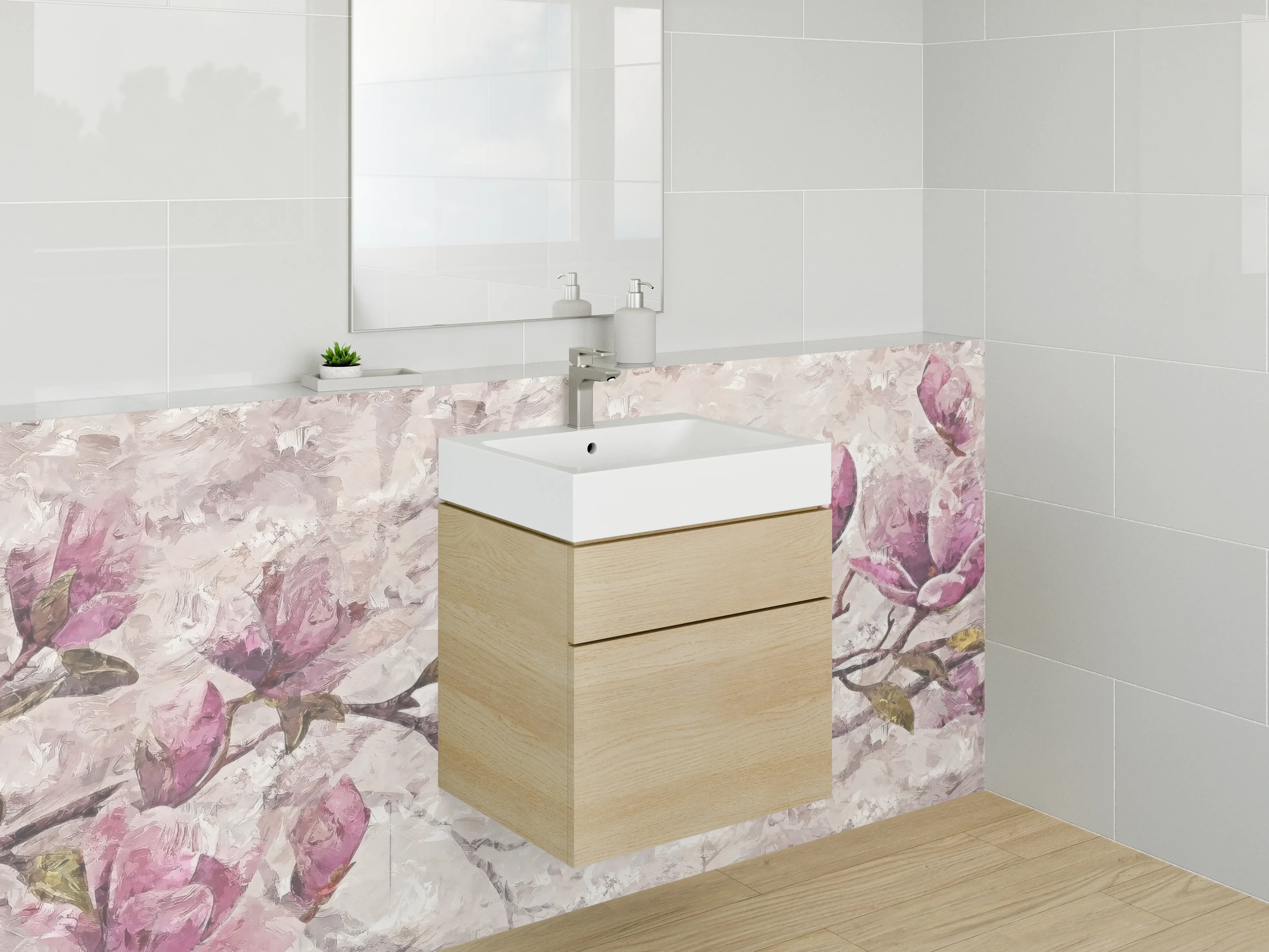 Waschbecken-Rückwand - Magnolienzweig Aquarell Rosa Beige