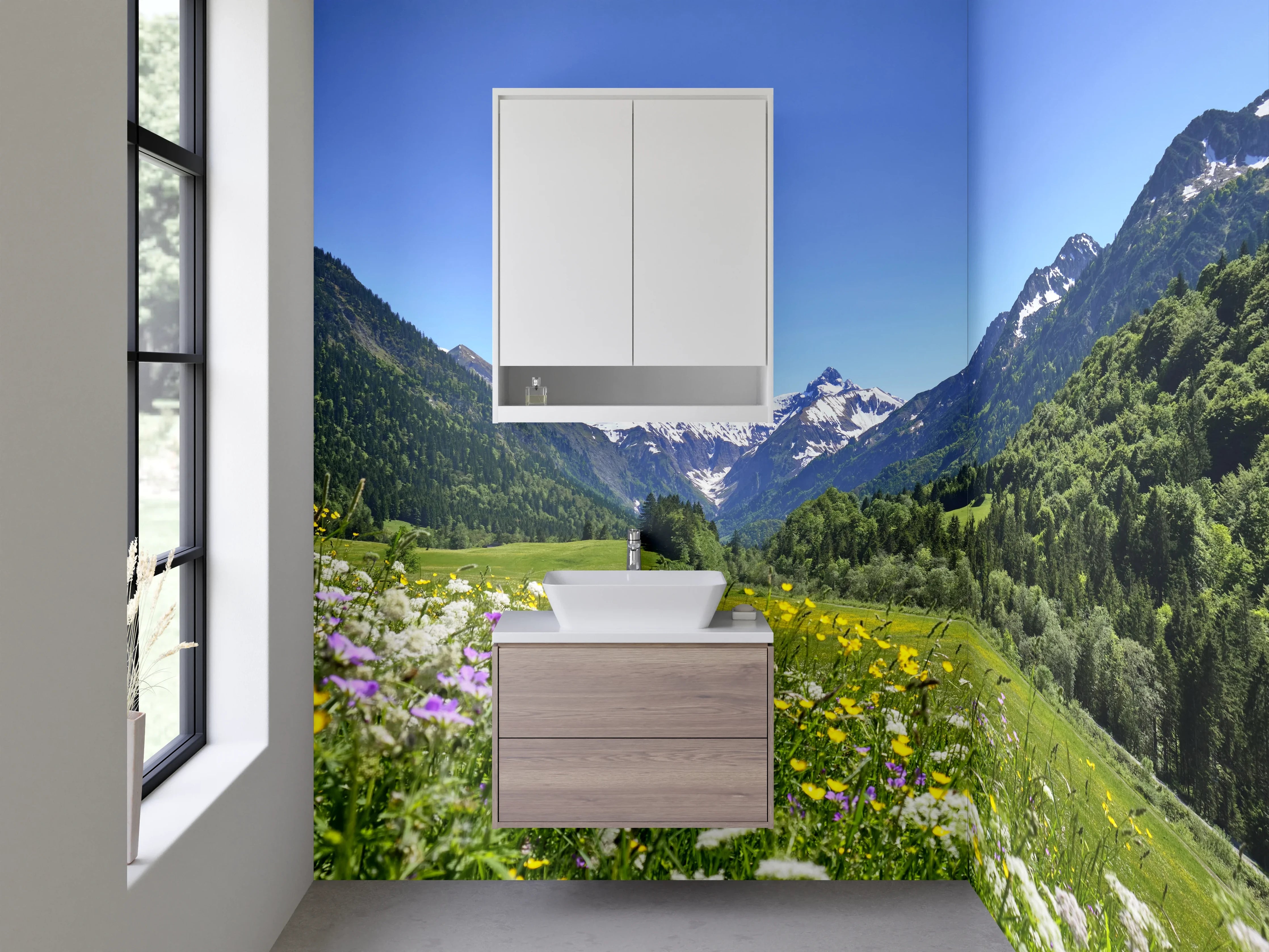 Waschbecken-Rückwand - Majestätische Alpenlandschaft im Frühling