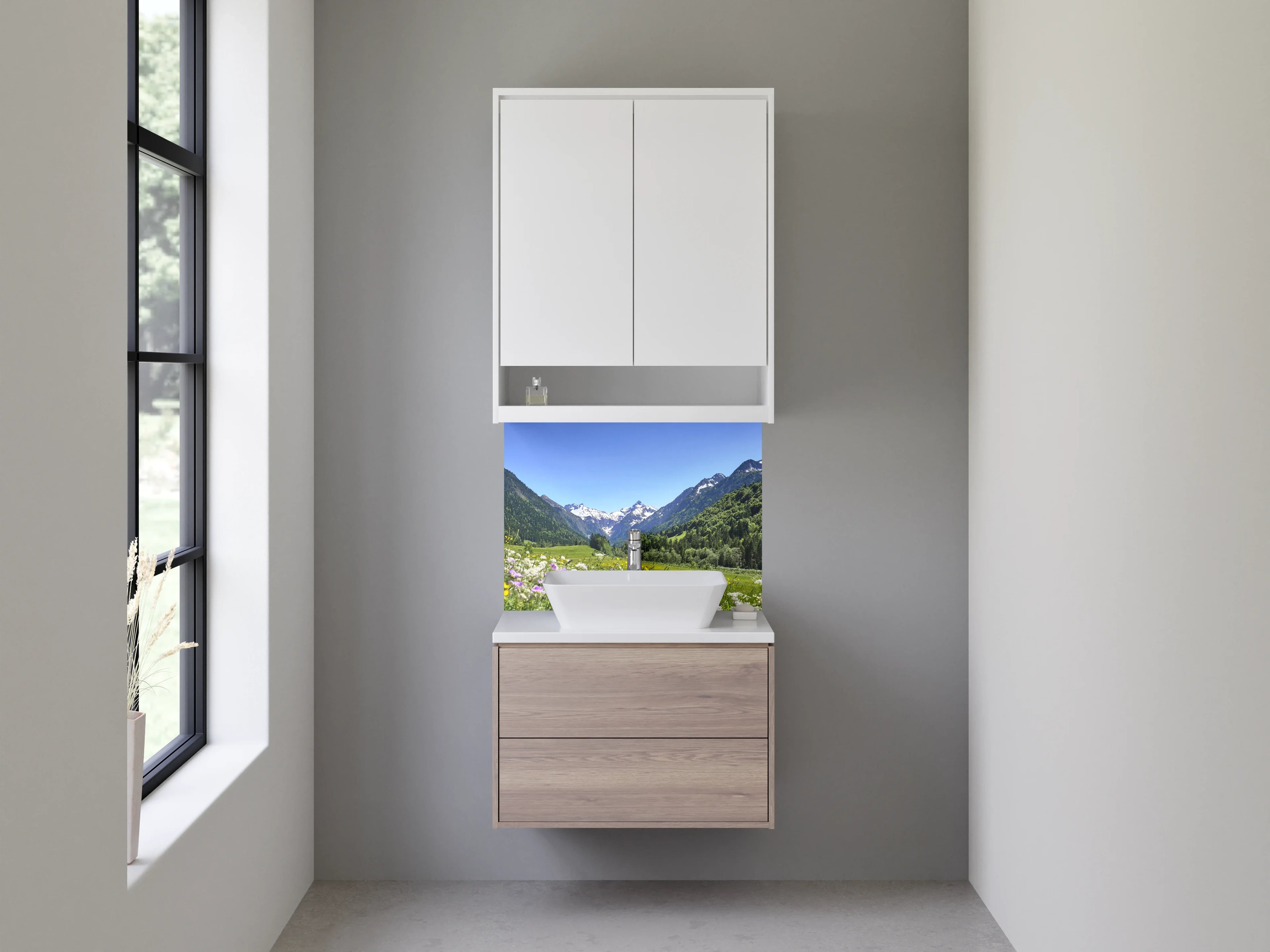 Waschbecken-Rückwand - Majestätische Alpenlandschaft im Frühling