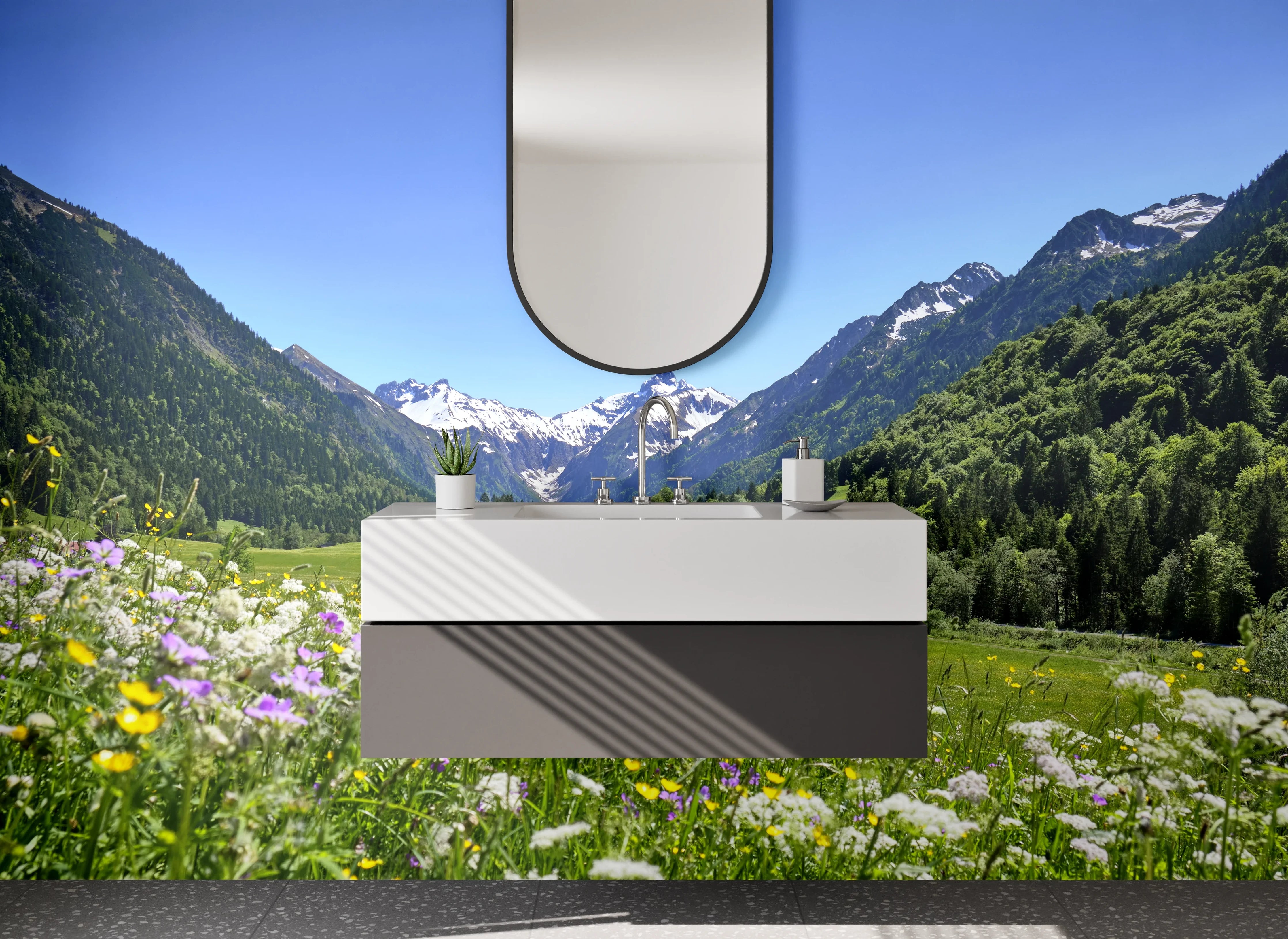 Waschbecken-Rückwand - Majestätische Alpenlandschaft im Frühling