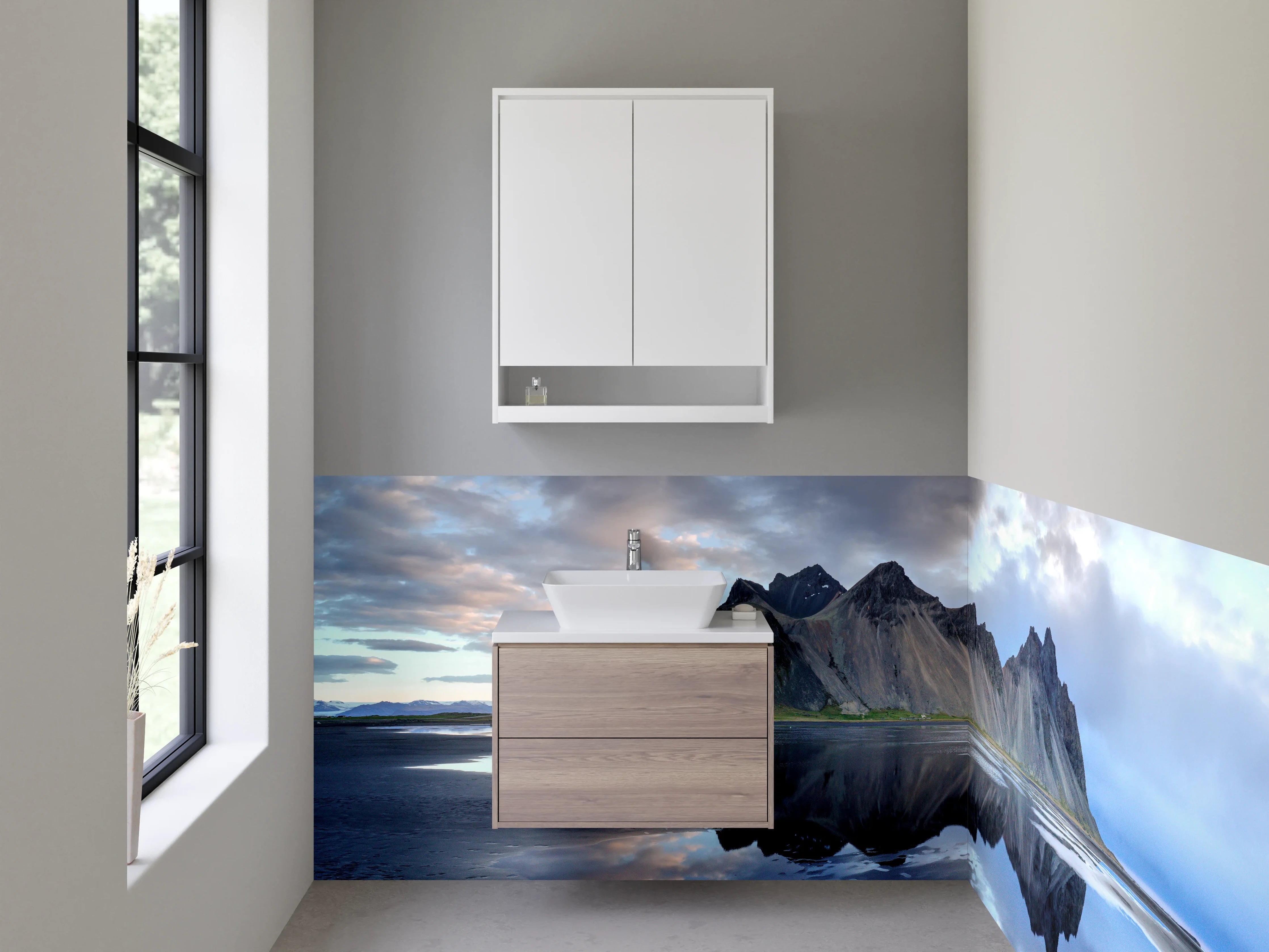 Waschbecken-Rückwand - Majestätische Berge und spiegelnder See