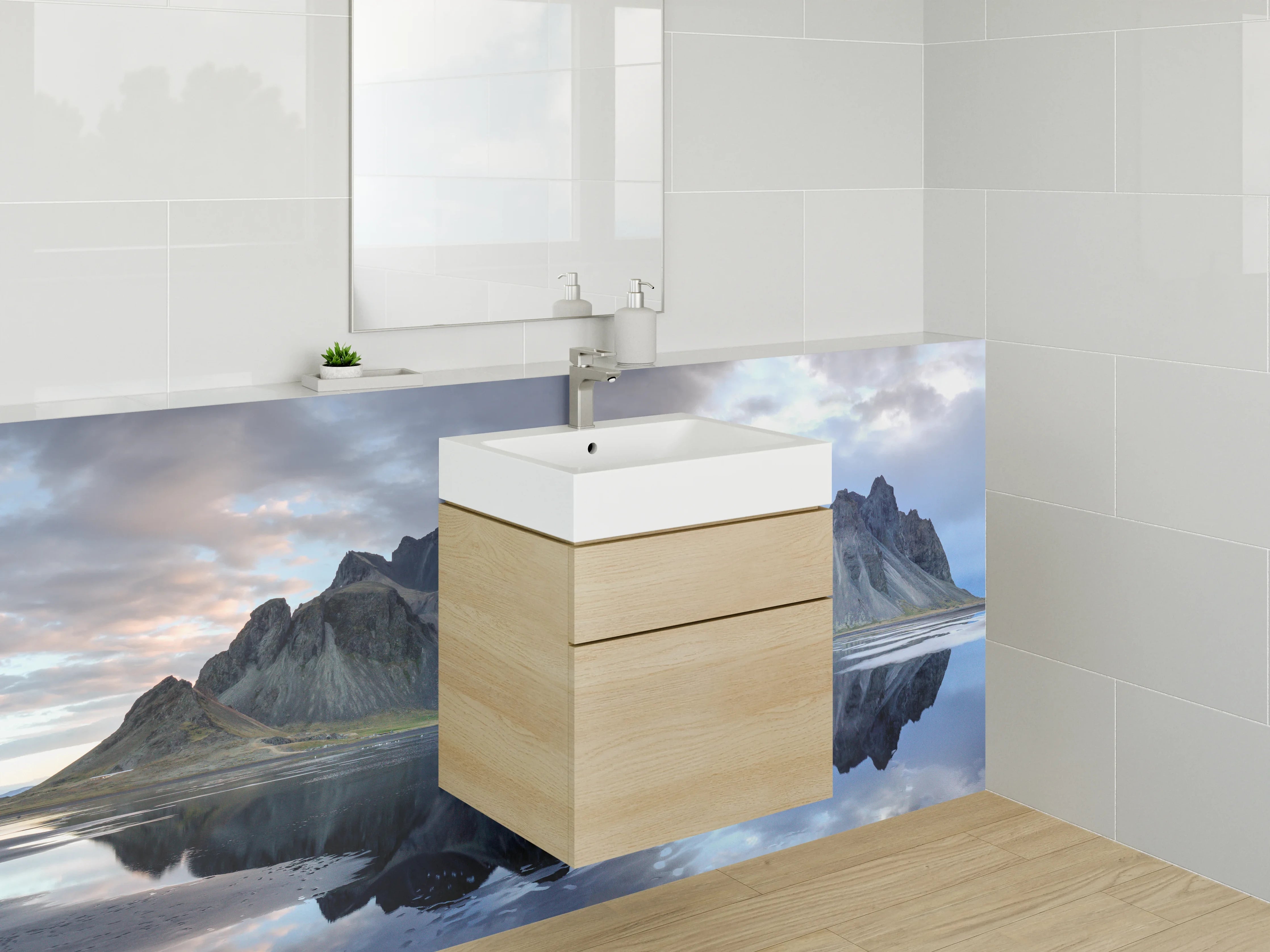 Waschbecken-Rückwand - Majestätische Berge und spiegelnder See