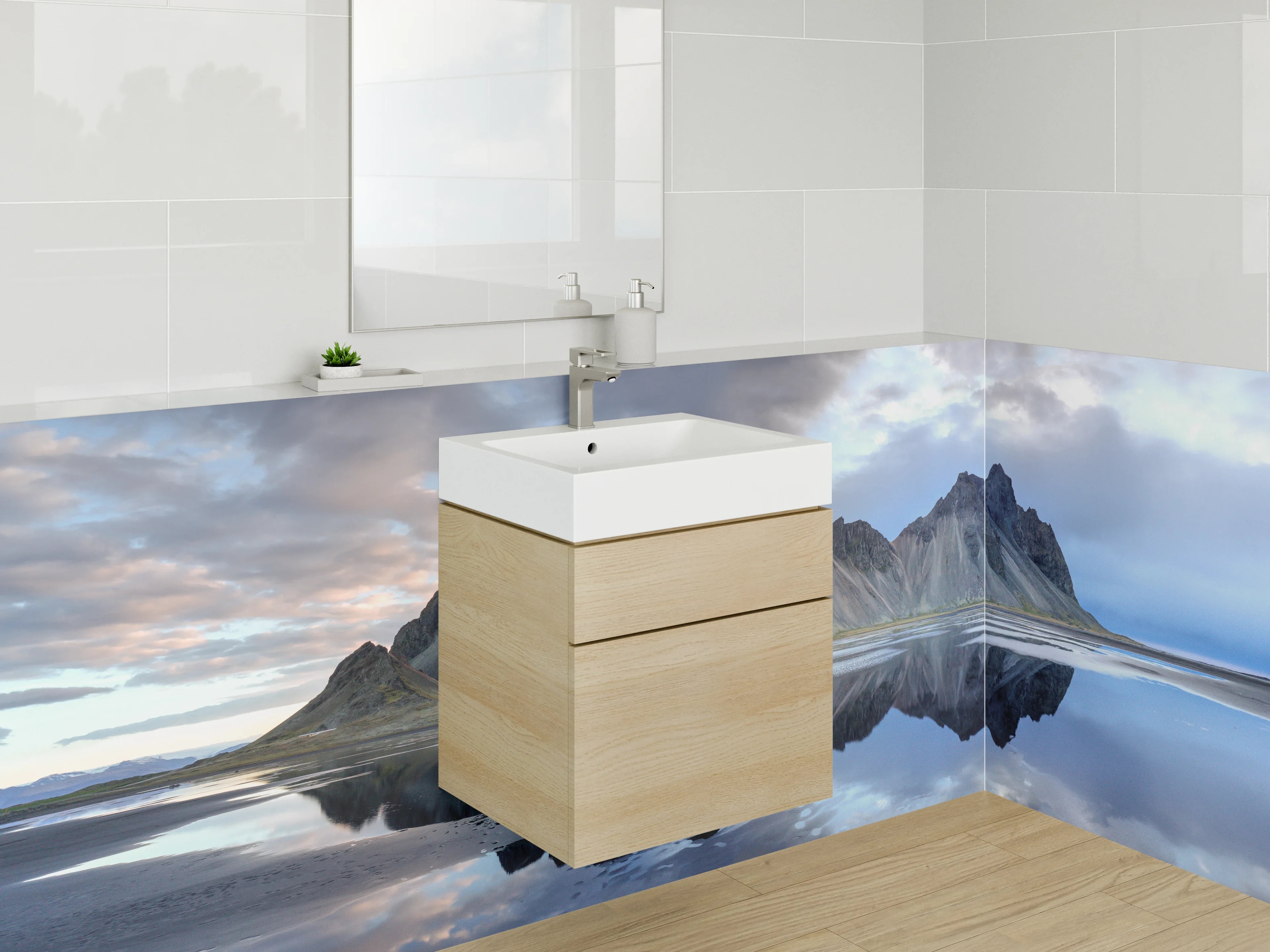 Waschbecken-Rückwand - Majestätische Berge und spiegelnder See