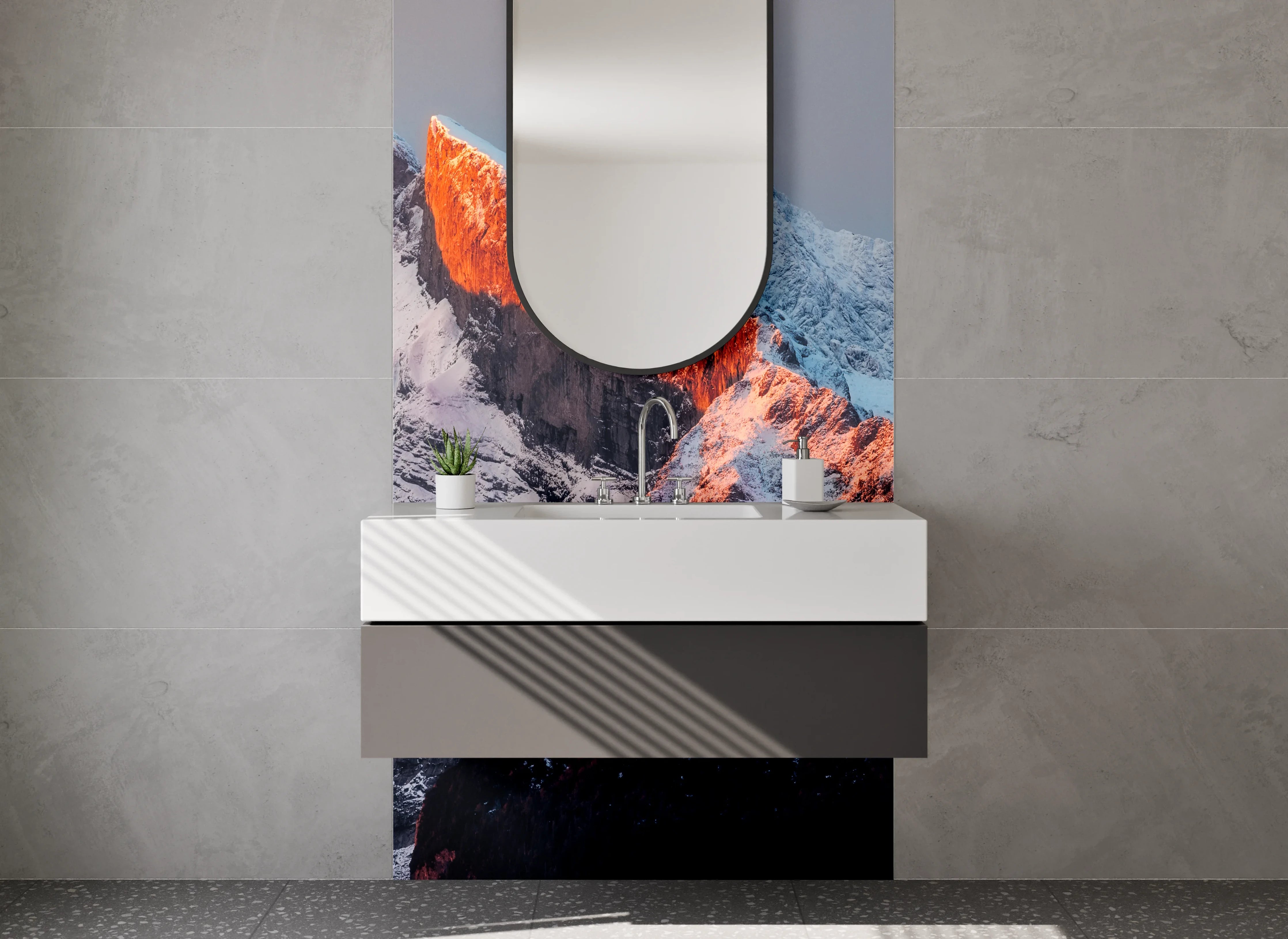 Waschbecken-Rückwand - Majestätische Berggipfel bei Sonnenaufgang