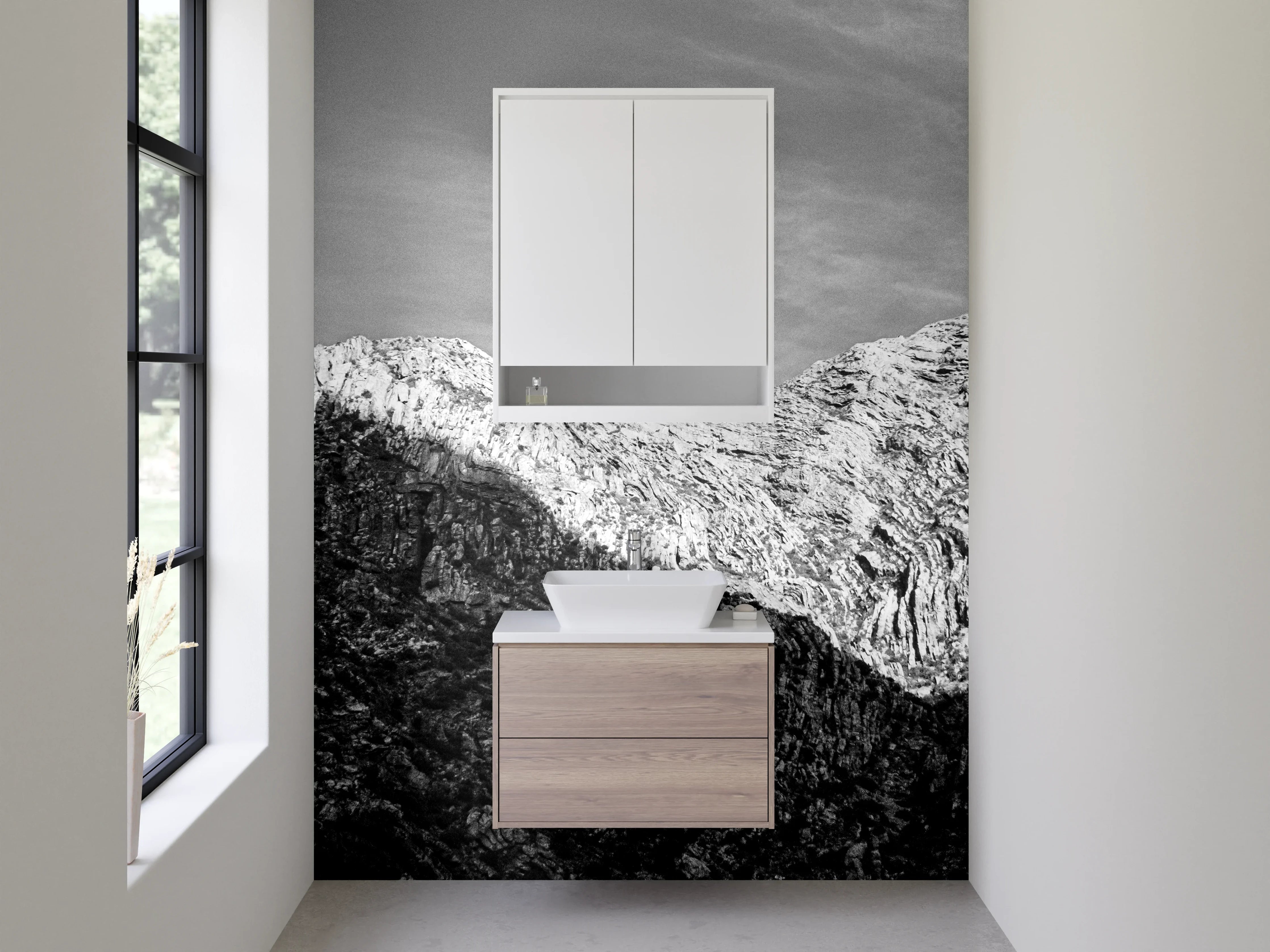 Waschbecken-Rückwand - Majestätische Bergkulisse in Schwarz-Weiß