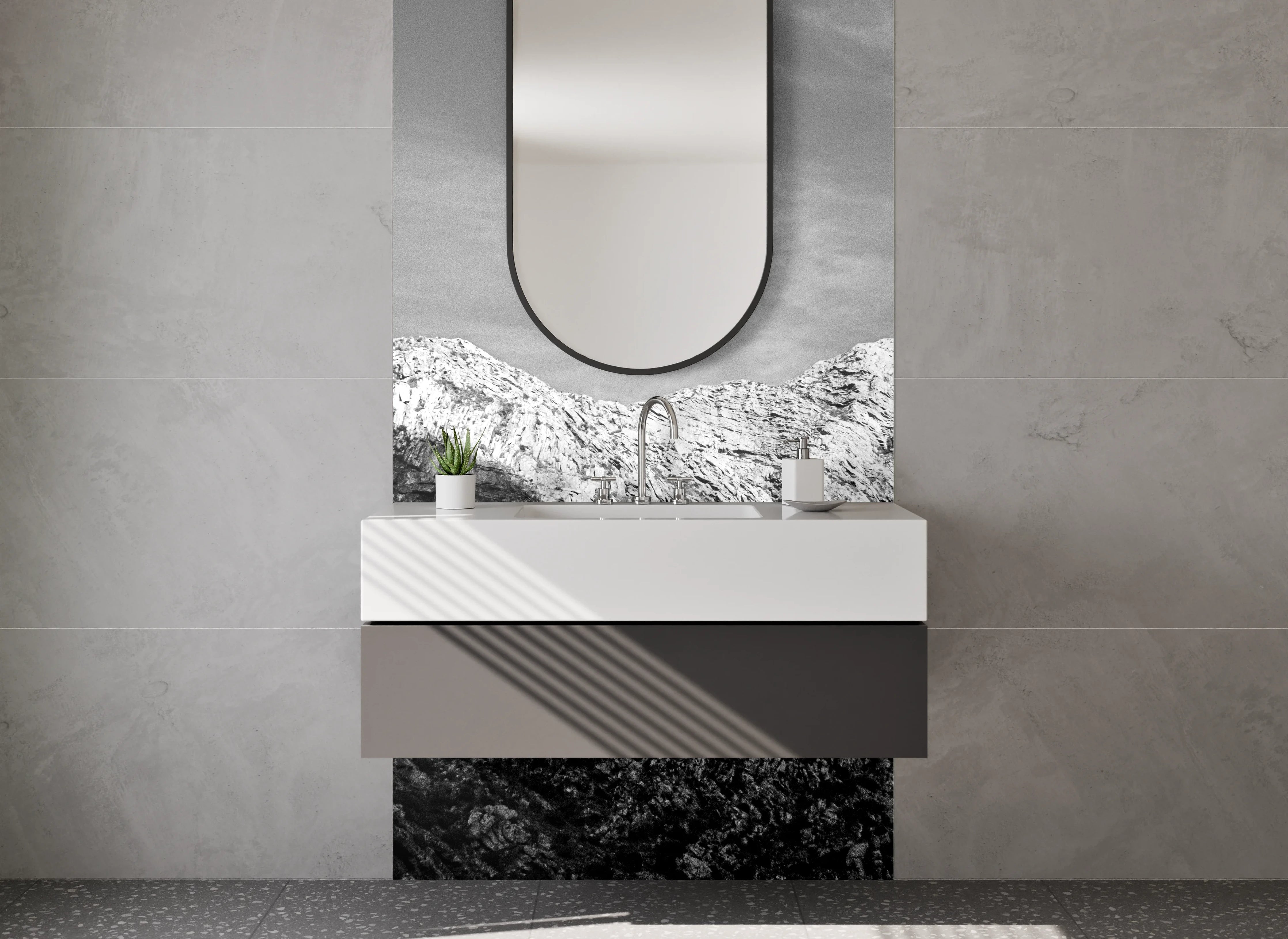 Waschbecken-Rückwand - Majestätische Bergkulisse in Schwarz-Weiß