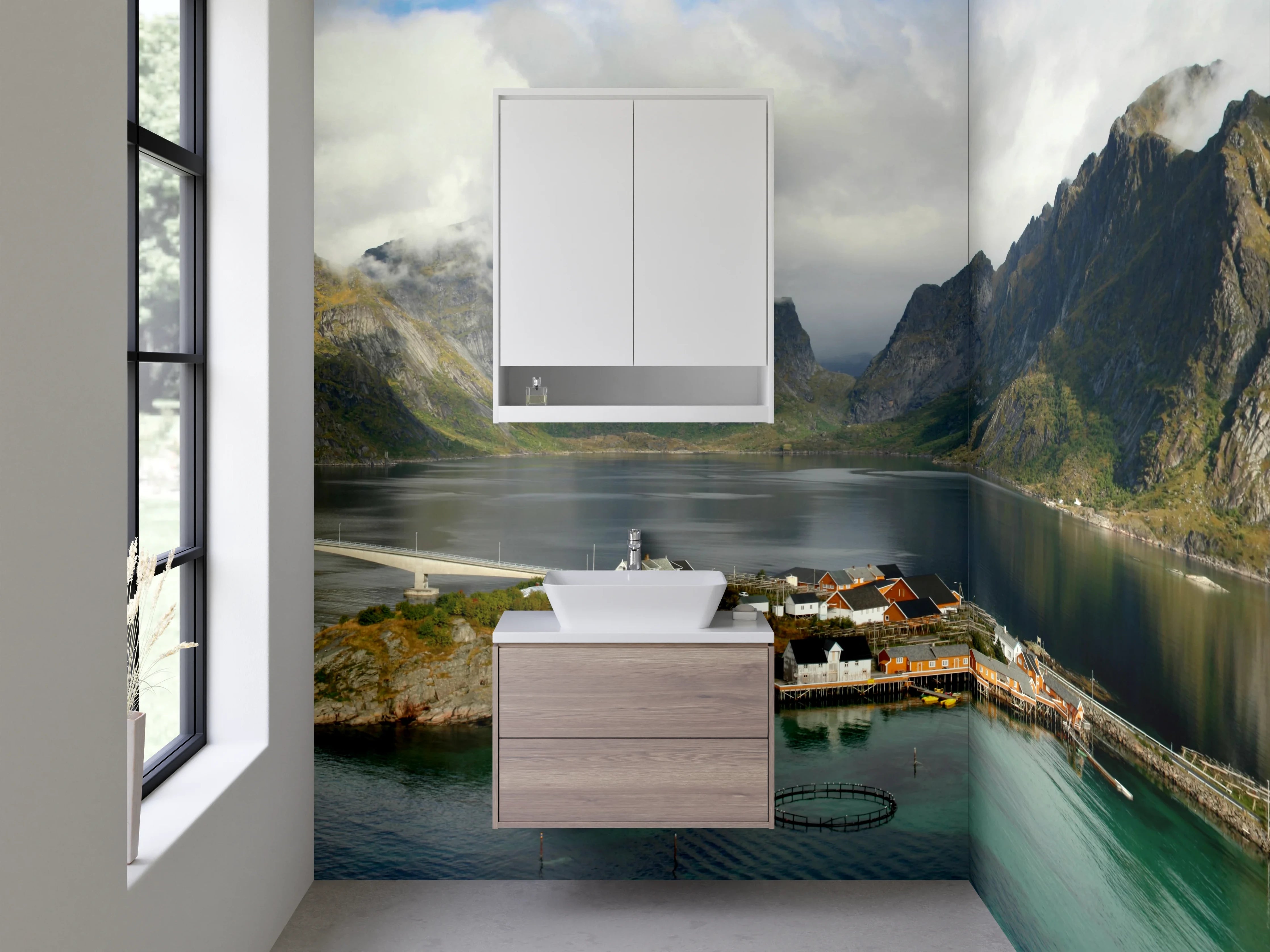 Waschbecken-Rückwand - Majestätische Berglandschaft am Fjord